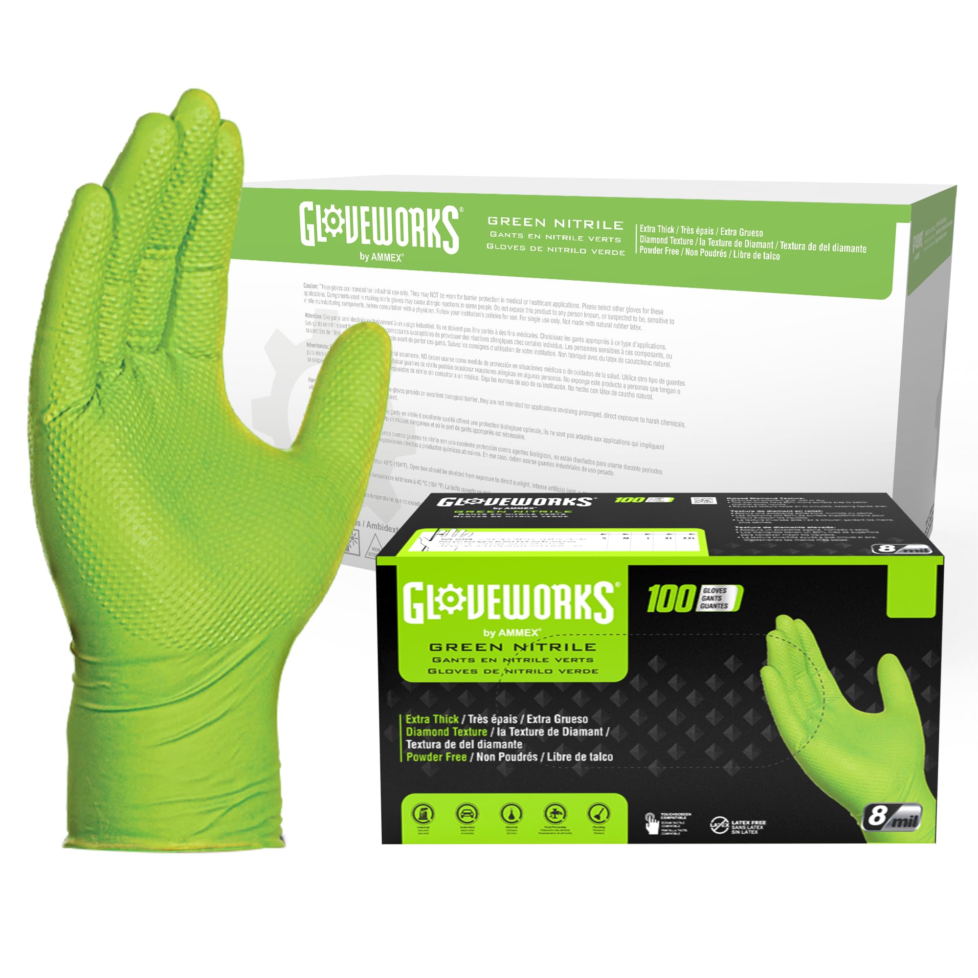GLOVEWORKS HD Green Gloves, 8 Mil Nitrile Disposable Heavy Duty Raised Diamond Grip Mechanic Glove, Bulk Purchasing Options