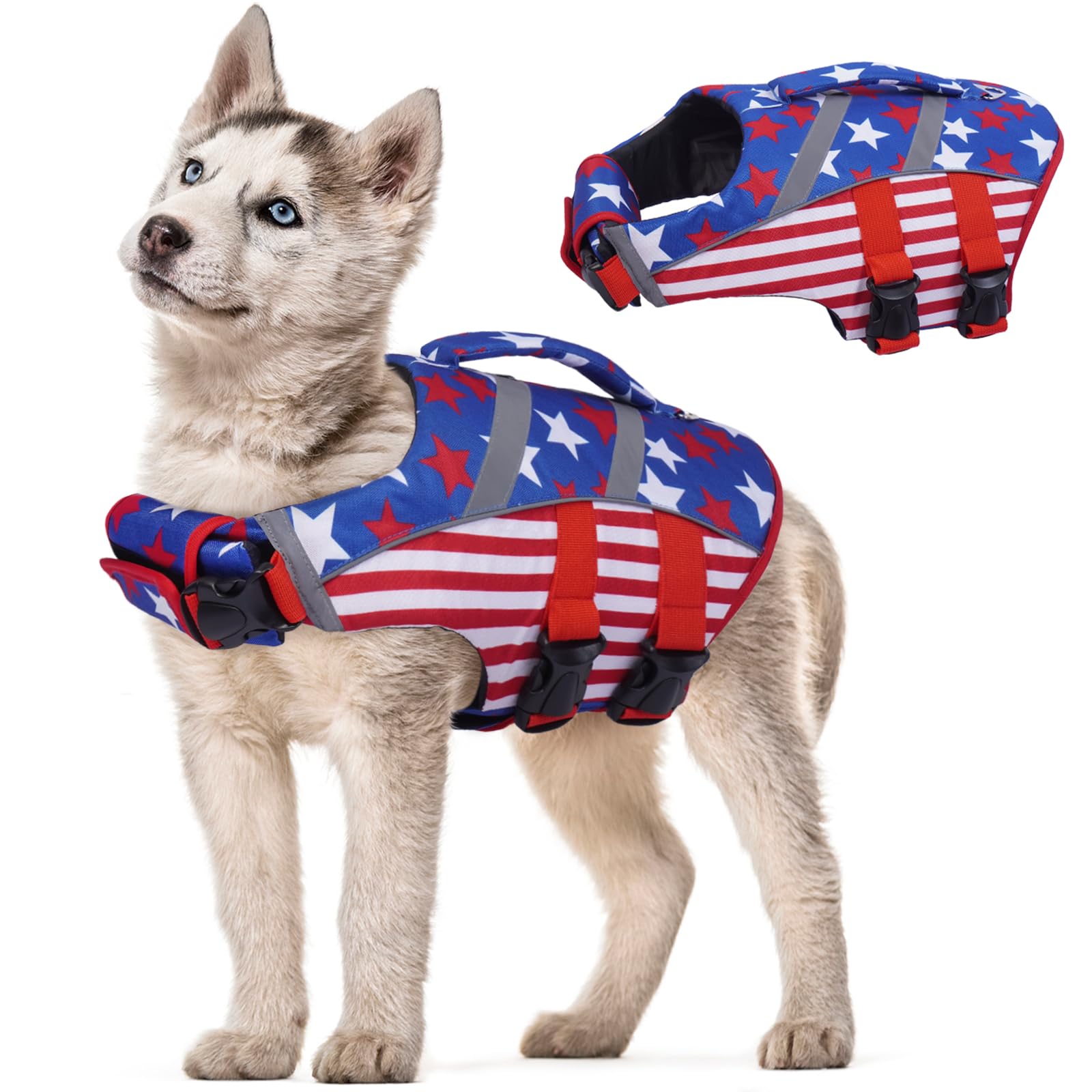 Kuoser Dog Life Jacket with Reflective Stripes, Dog Life Vest for Swimming Boating, Adjustable Pet Lifejackets with High Flotation, Doggie Swimsuit for Small Medium Large Dogs