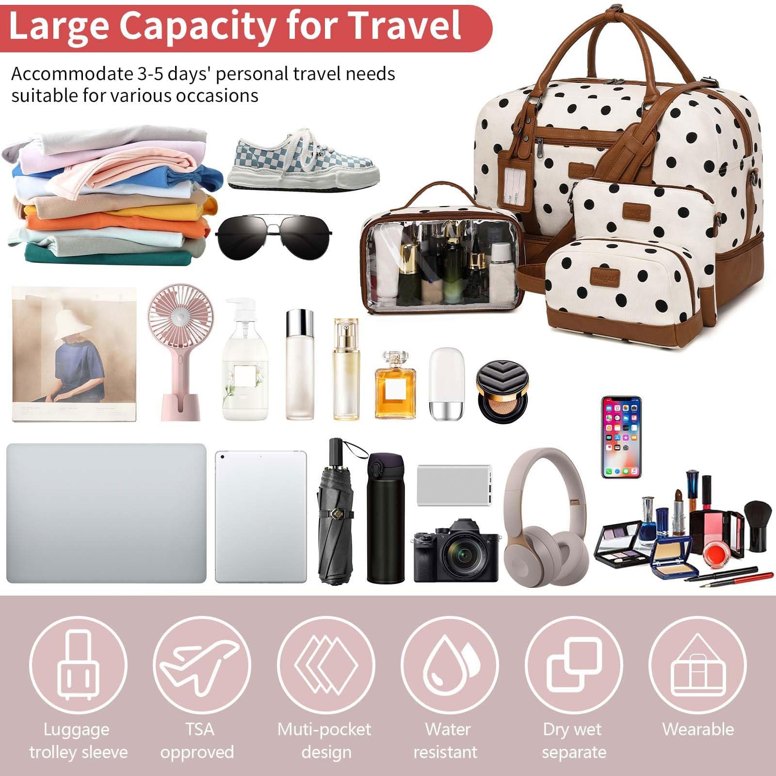 Wogarl 4PCS Weekender Bags for Women Large Overnight Weekend Travel Duffel Carry on Shoulder with Shoe Compartment Canvas Toiletry Bag for Travel Business Gym