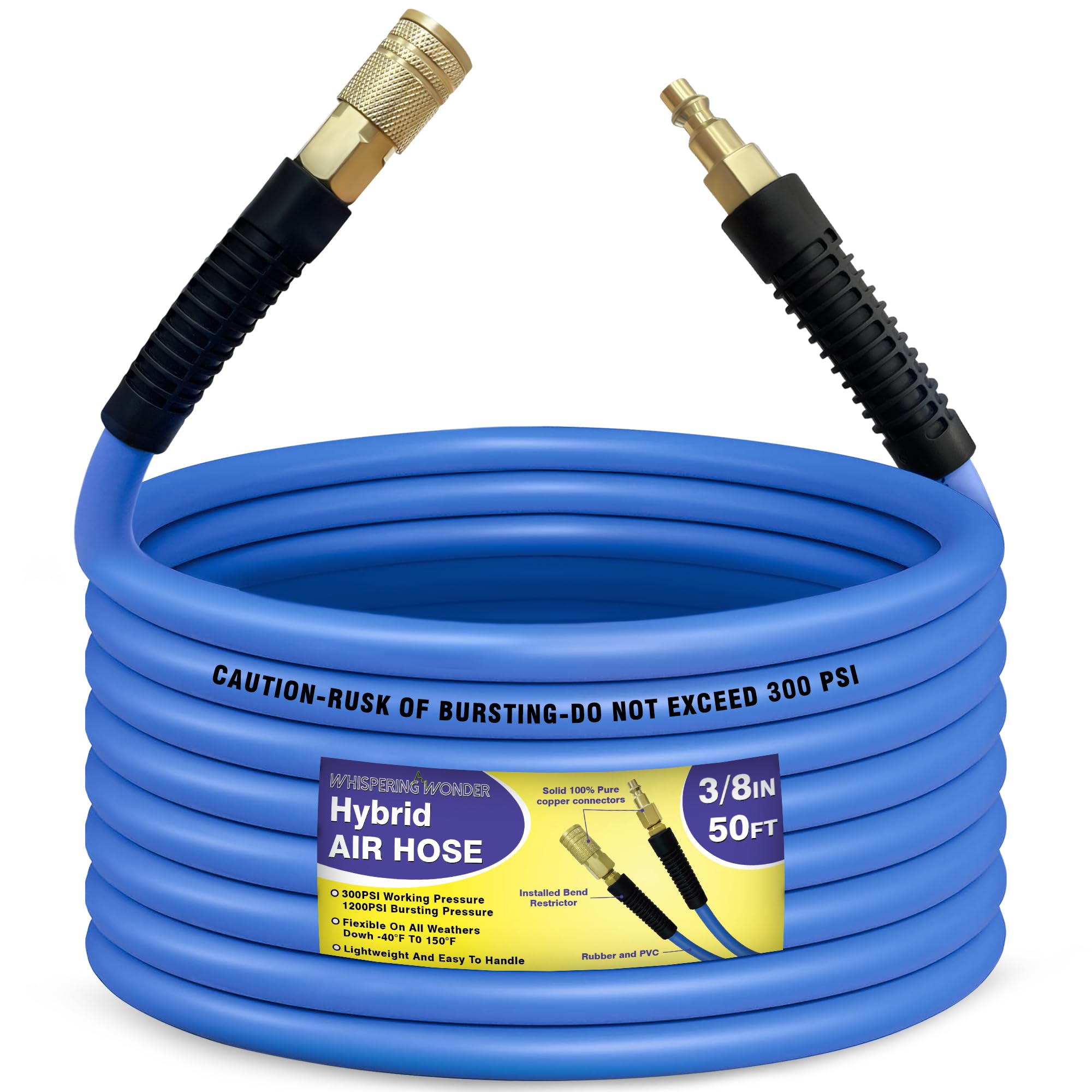 Air Compressor Hose 1/2 in, 300 PSI Heavy Duty Hybrid Air Hose with Quick Coupler and Plug Kit, Lightweight, Kink Resistant, All Weather Flexibility with Bend Restrictors, 6 Feet