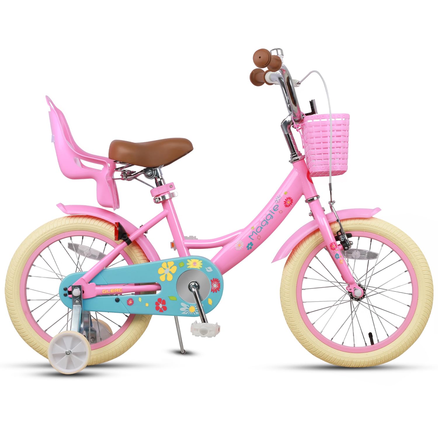Glerc Maggie Girls Bike, 12-20 Inch Kids Bike for 2-13 Years Old Children, Princess Style Kids Bicycle with Doll-Seat & Basket & Training Wheels, Multiple Colors