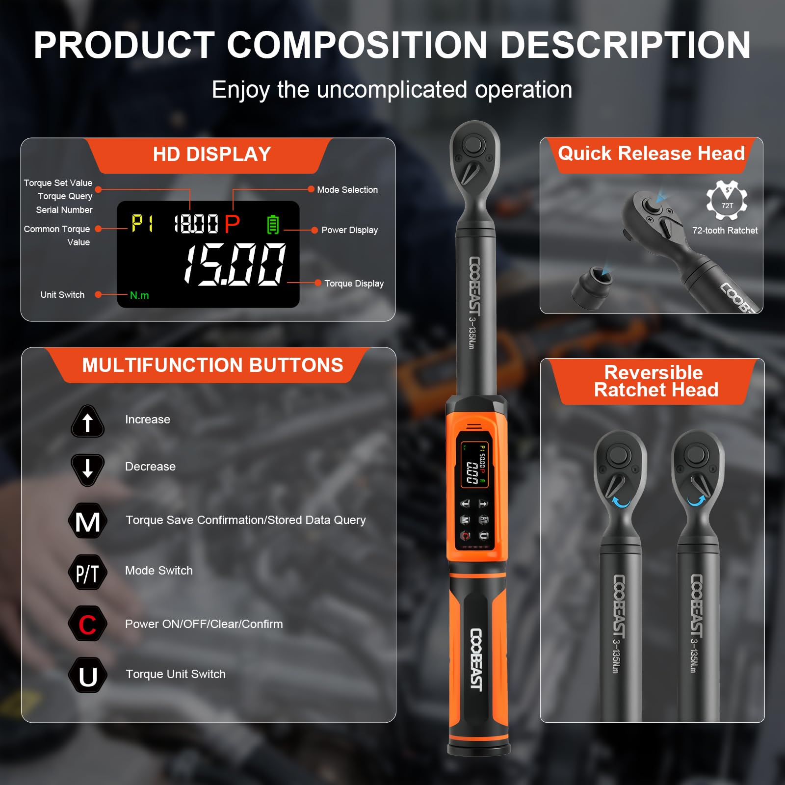 Digital Torque Wrench, 1/2 Drive Electronic Torque Screwdriver with Preset Value(3.76-250.8 Ft.lbs./5.1-340Nm), Buzzer and LED Flash Five Units of Measure Torque Wrench for Motorcycle, Auto Repair
