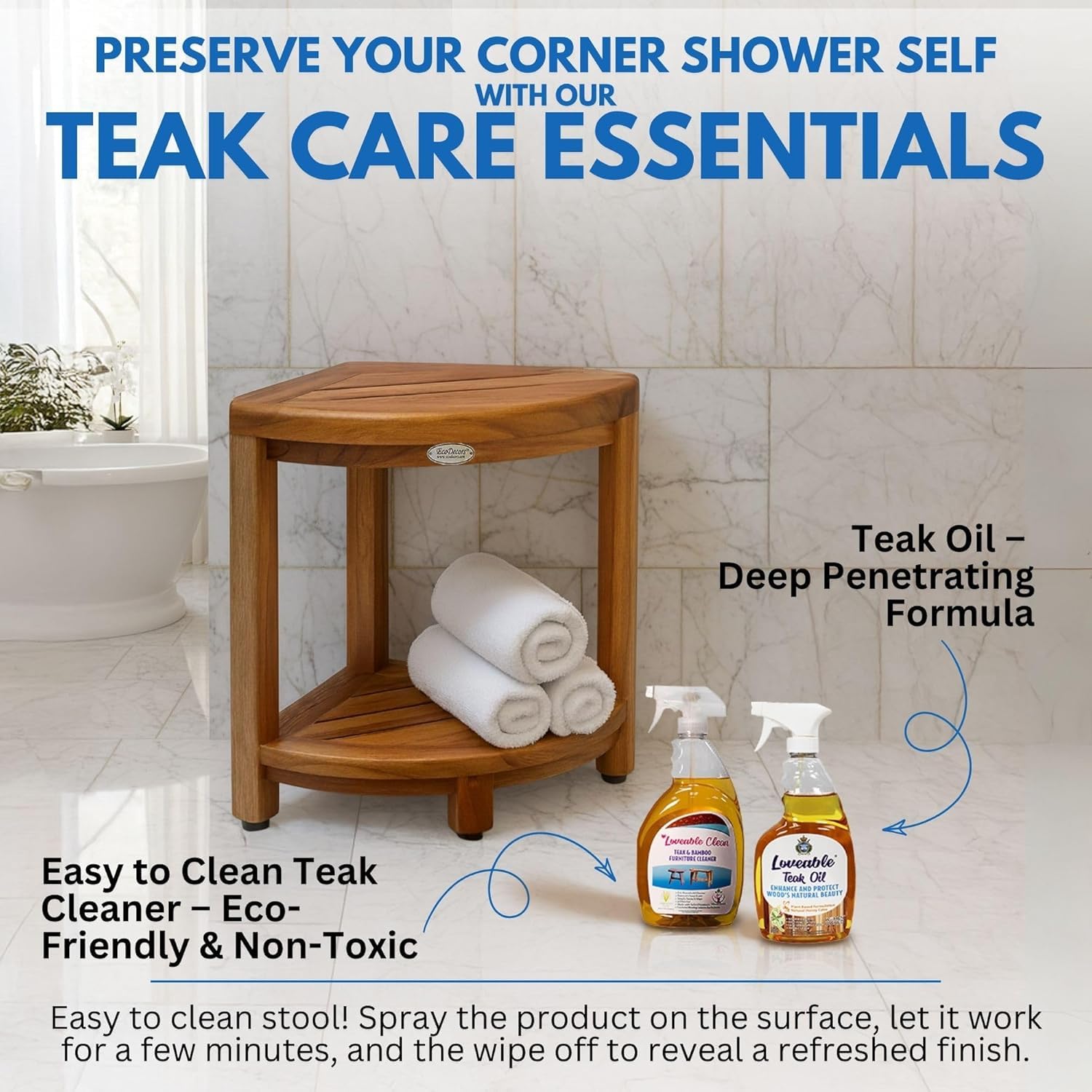 DecoTeak Teak Corner Shower Shelf – 2 Tier Waterproof Bathroom Storage Organizer Compact Wood Storage | Water-Resistant Design | Space Saver for Showers & Small Bathrooms | Shaving Foot Rest