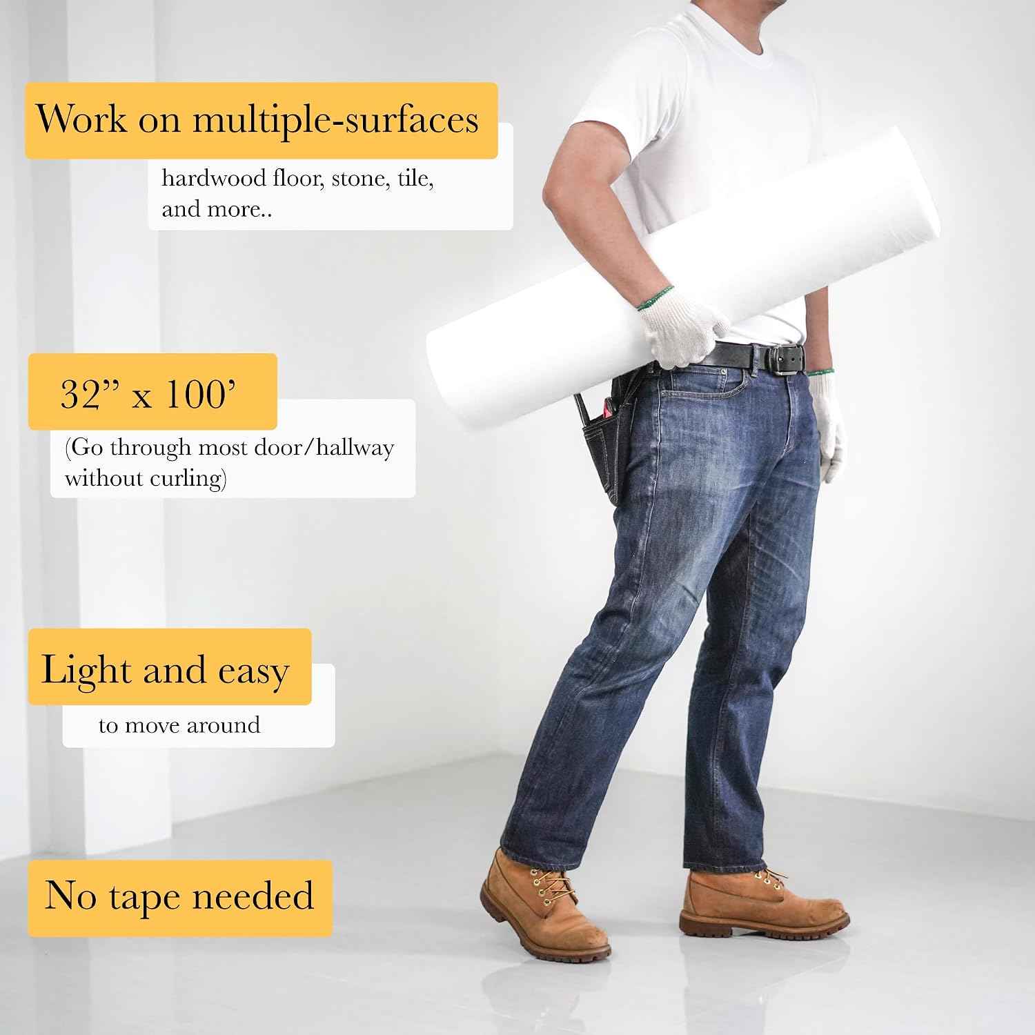 PAD 'N PROTECT Temporary Floor Protectors for Hardwood Floors Tile & Paint, 32" x 100', Anti Slip&Pull, Paint&Waterproof, Reusable Floor Covering, Easy Applied for Construction & Renovation
