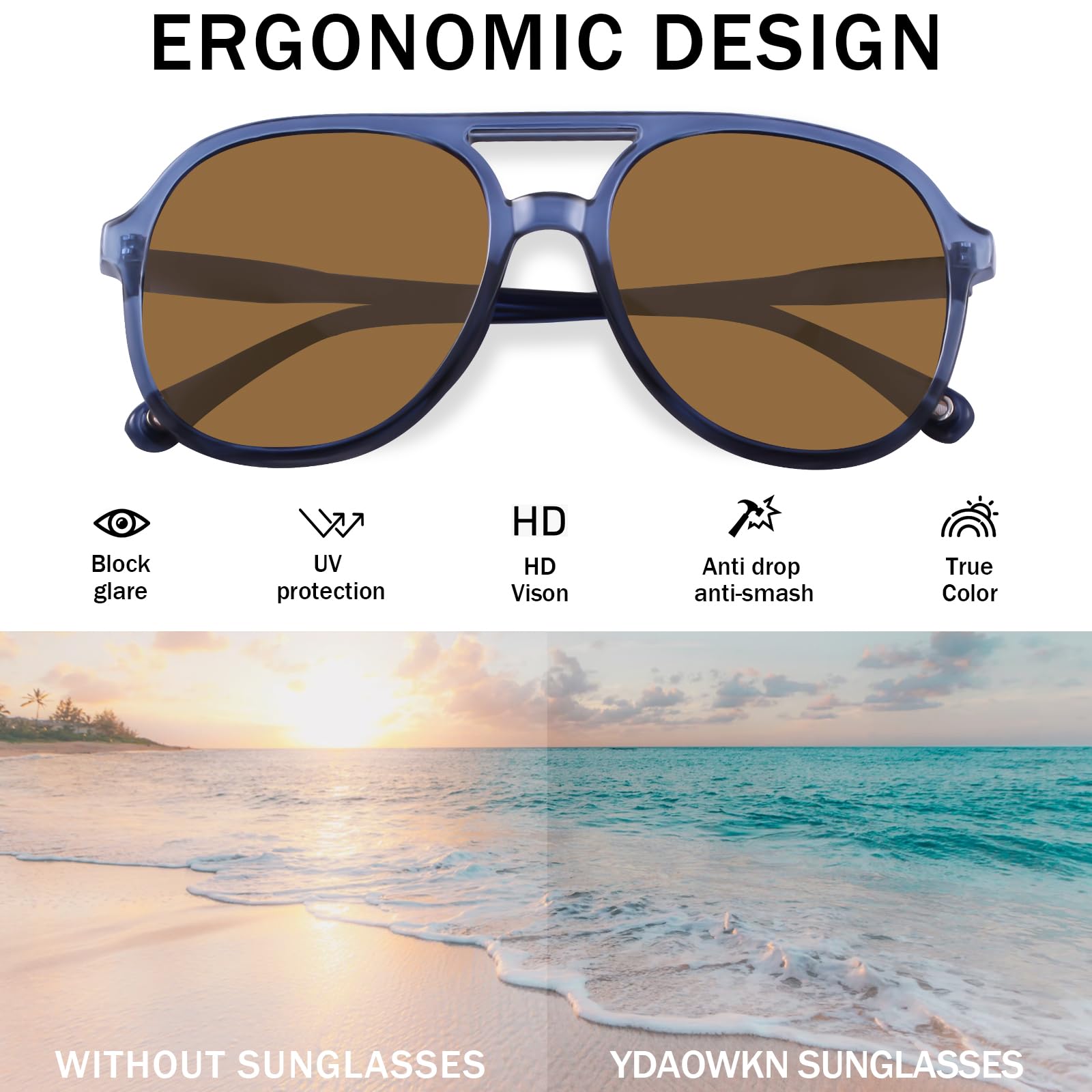 YDAOWKN Retro Square Aviator Sunglasses for Womens Mens Vintage 70s Double Bridge Sun Glasses