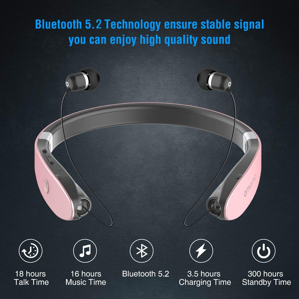 AMORNO Foldable Bluetooth Headphones Wireless Neckband Headset with Retractable Earbuds, Sports Sweatproof Noise Cancelling Stereo Earphones with Mic