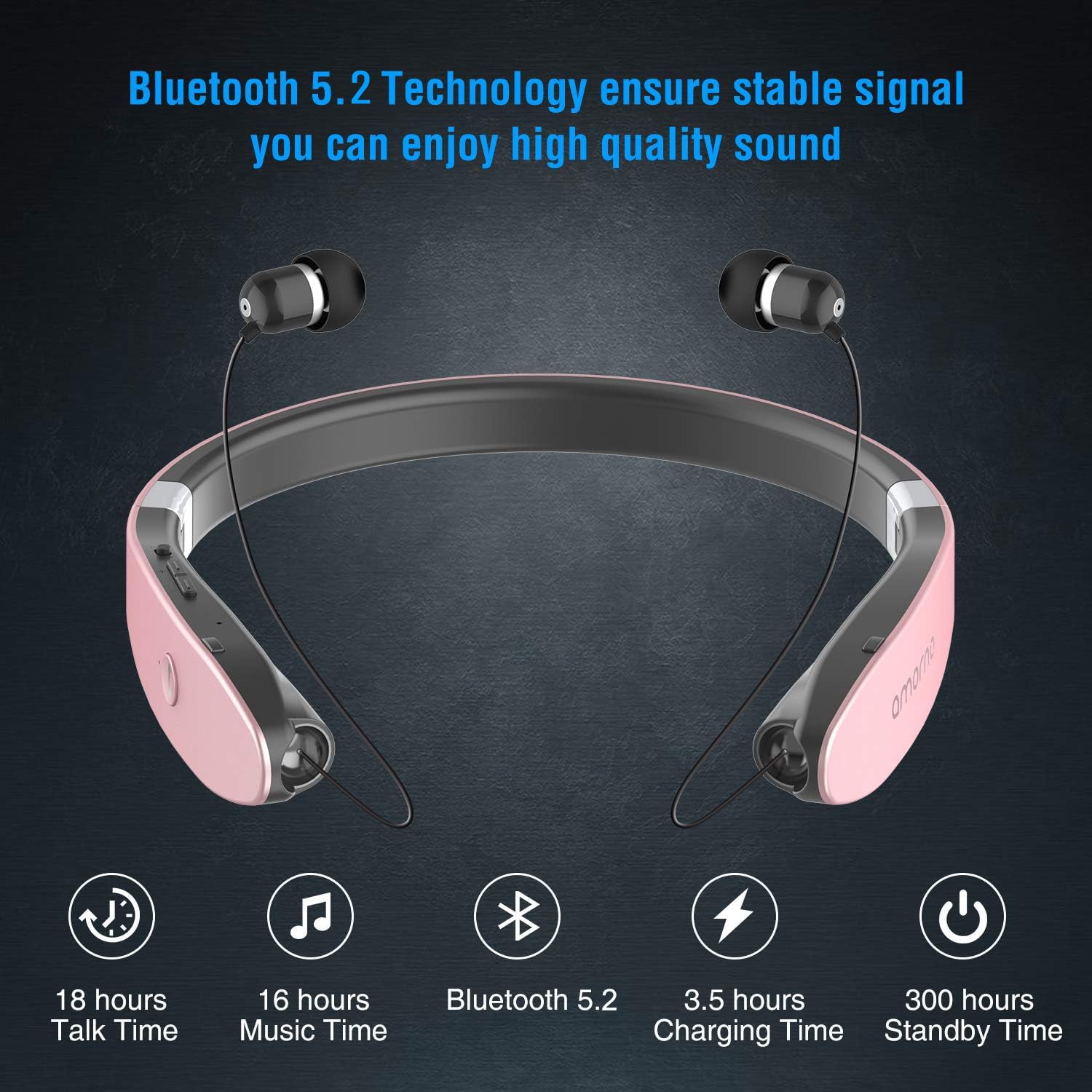 AMORNO Foldable Bluetooth Headphones Wireless Neckband Headset with Retractable Earbuds, Sports Sweatproof Noise Cancelling Stereo Earphones with Mic