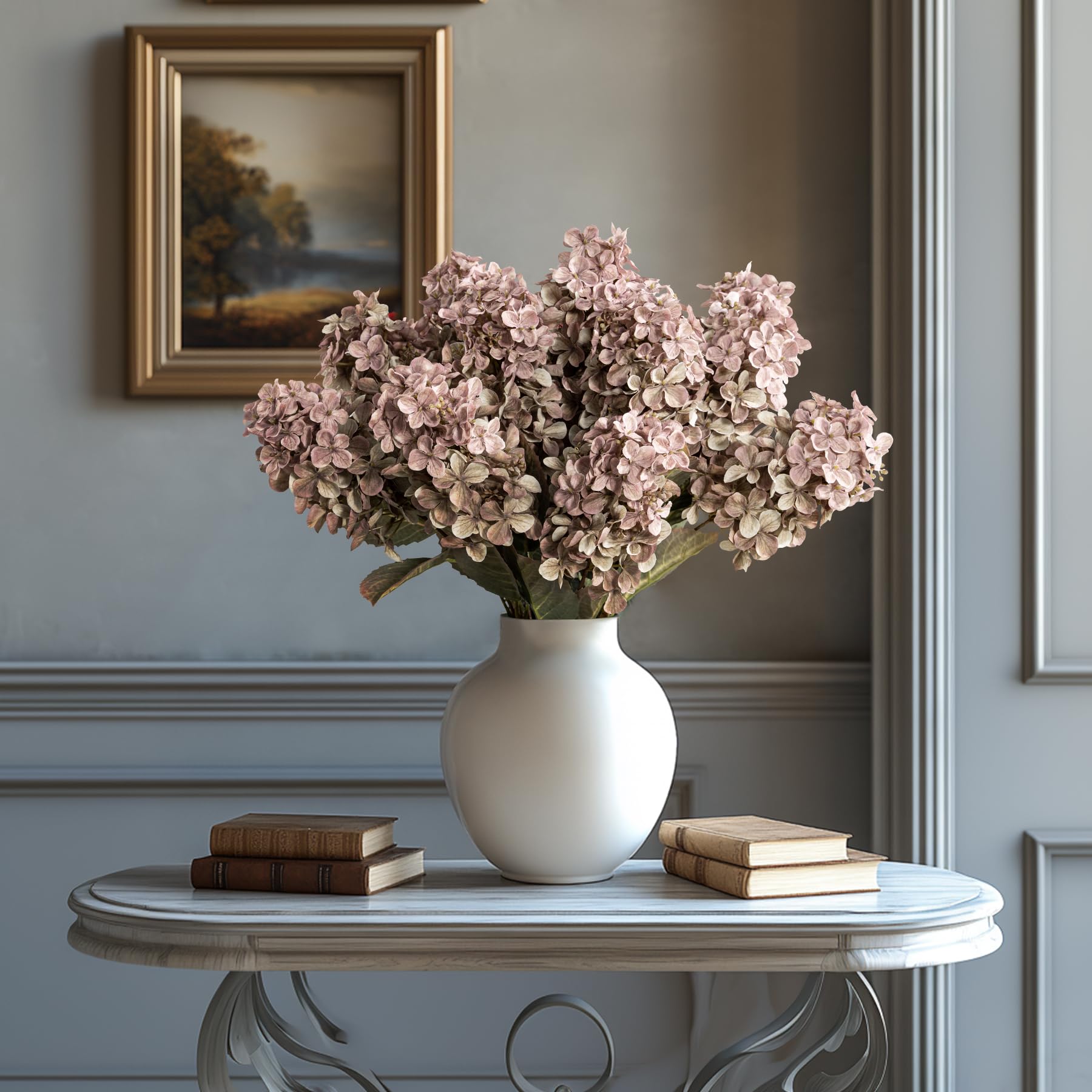 Ttranewsoo Hydrangea Artificial Flowers,Fall Hydrangeas Artificial Flowers,Blue Fake Fall Dried Hydrangea Flowers Decoration,Faux Silk Flower with Stems Winter Decor(Blue 24" 8pcs) Without Vase