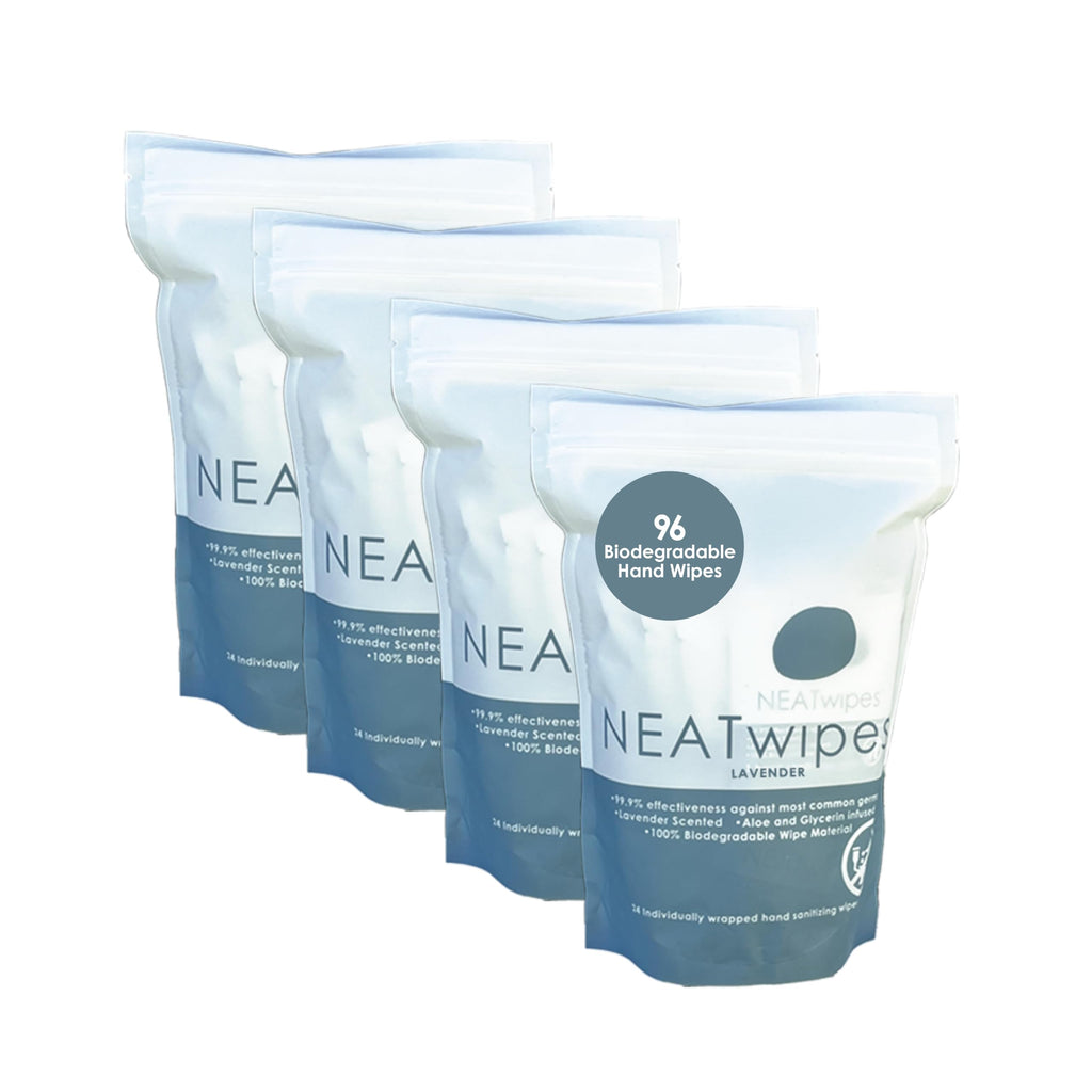 NEATwipes Hand Sanitizing Wipes | Travel Size | Disposable Wet Wipe & Biodegradable | Fresh Citrus Essential Oil | Soothing Aloe Vera | 24 Individually Wrapped Wipes