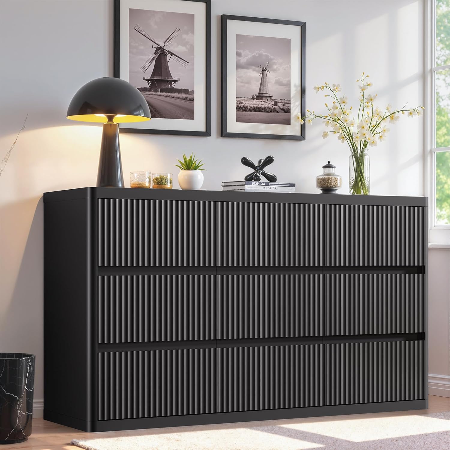 Standifurno Black 56" Tall Dresser for Bedroom, Fluted Modern 6 Drawers Deep Dressers, Wood Chest of Drawers with Handleless, Curved Profil Storage Closet Dressers for Bedroom, Living Room, Hallway