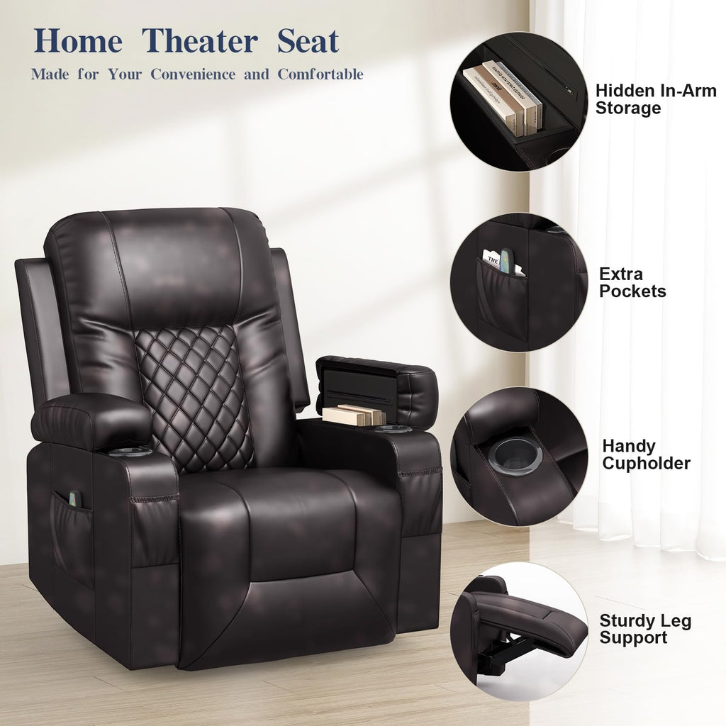 Recliner Chairs for Adults, FSC Certified Massage Reclining Chair with Heated Modern, Ergonomic Lounge Single Reclining Sofa Seat with Cup Holder & Pocket, Living Room Lounge Recliners Black