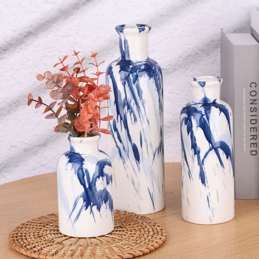 Ceramic Vase Set - 3 Ceramic Small Vases, Farmhouse Country Flower Vase Home Decor, Living Room Decoration, Table Decoration, Fireplace Decor, and Entrance Decorations Centerpieces
