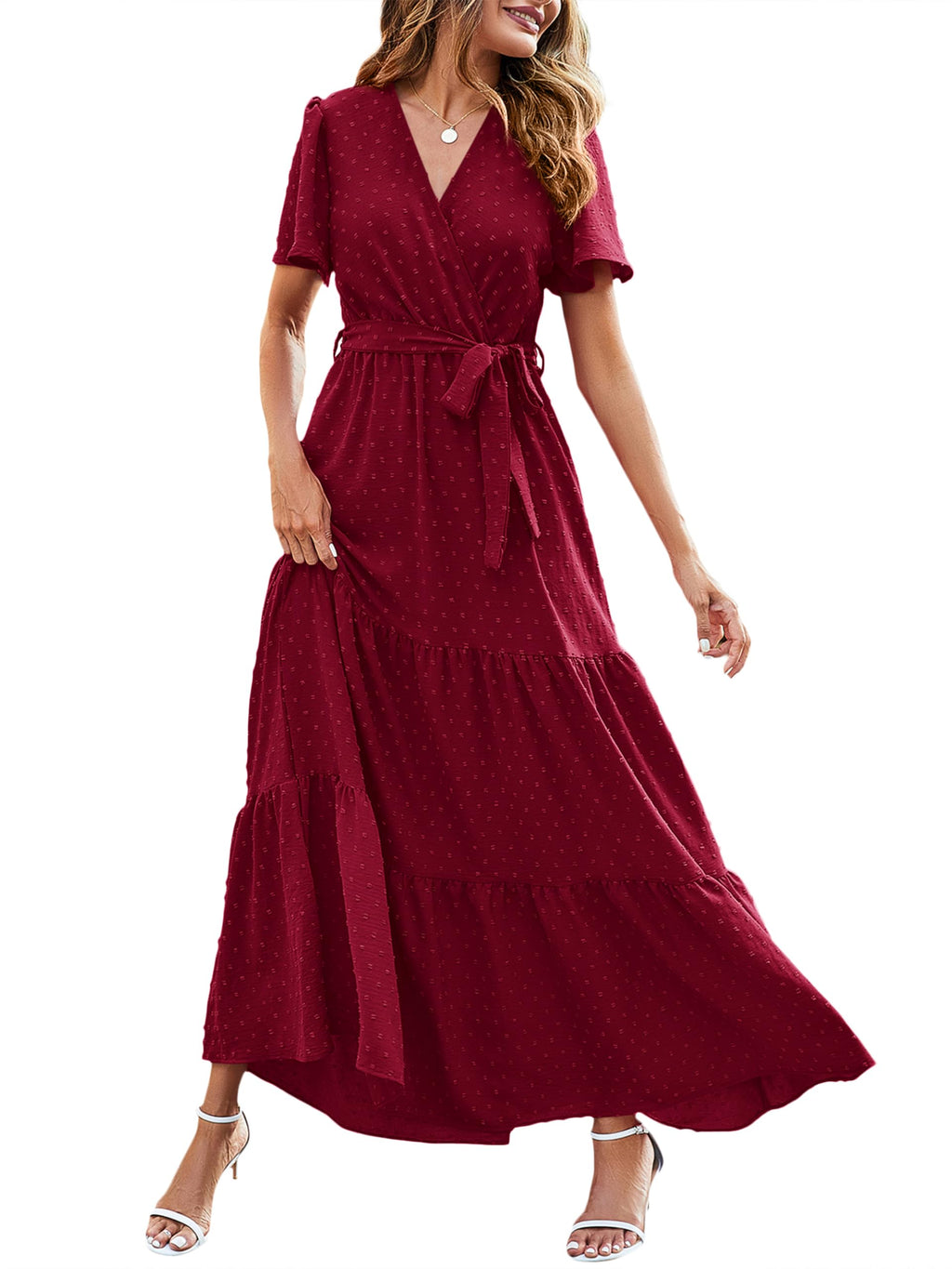 MASCOMODA Womens Summer Swiss Dot Maxi Dresses Wrap V Neck Flutter Short Sleeve Boho Casual Flowy Long Wedding Guest Dress