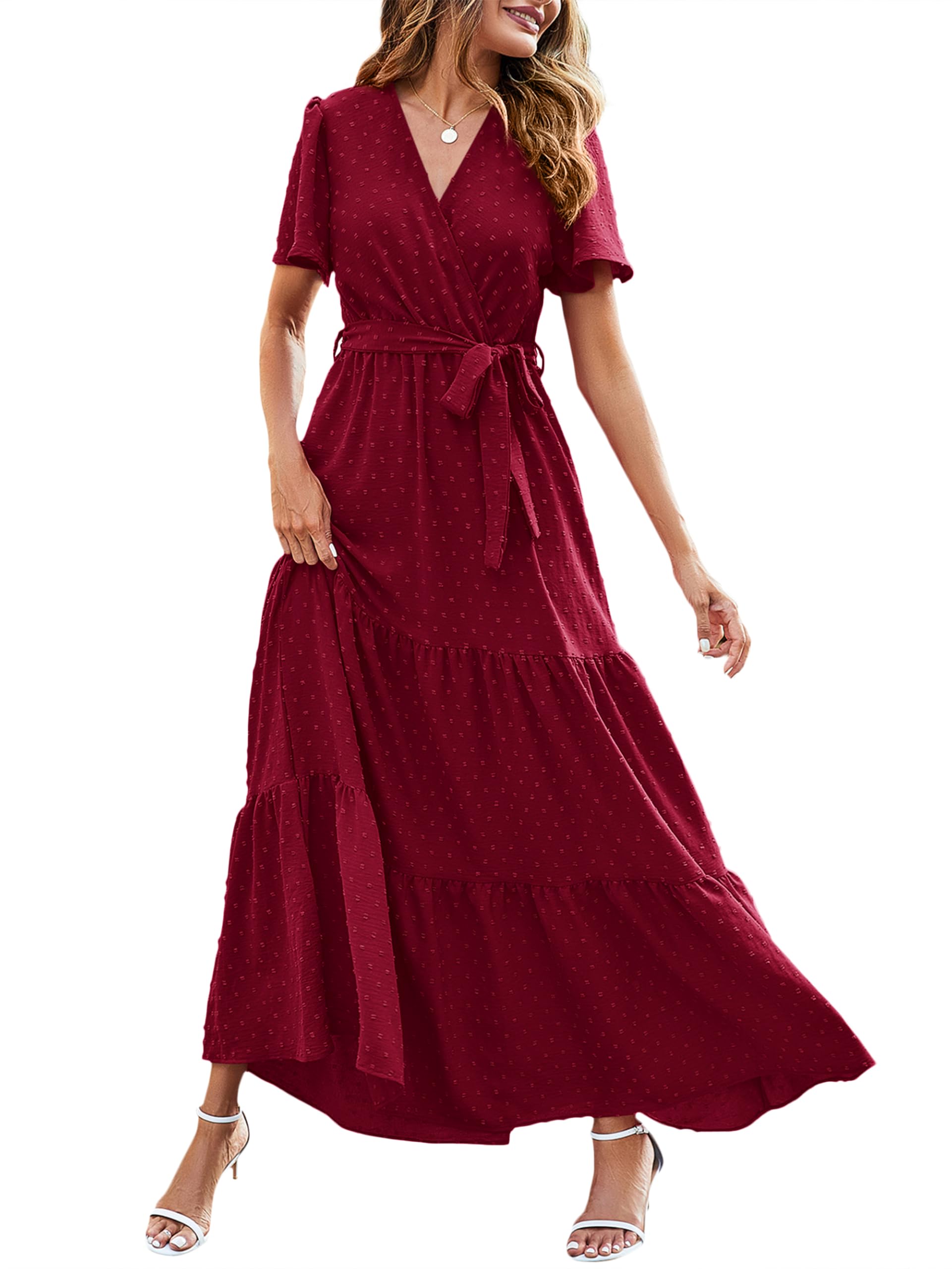 MASCOMODA Womens Summer Swiss Dot Maxi Dresses Wrap V Neck Flutter Short Sleeve Boho Casual Flowy Long Wedding Guest Dress