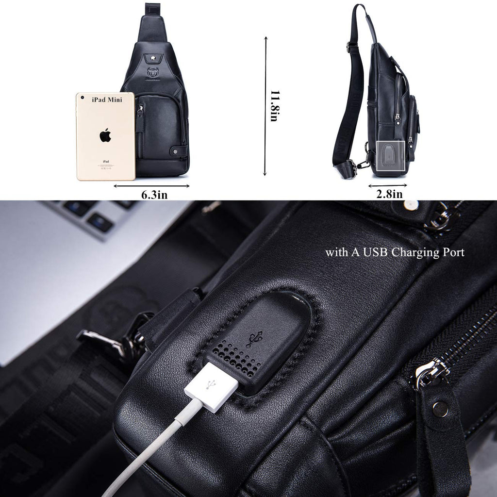 BULLCAPTAIN Genuine Leather Sling Bag for Men XB-129 | USB Charging Port, Multi-pocket, Chest Bag, Hiking Travel Daypack
