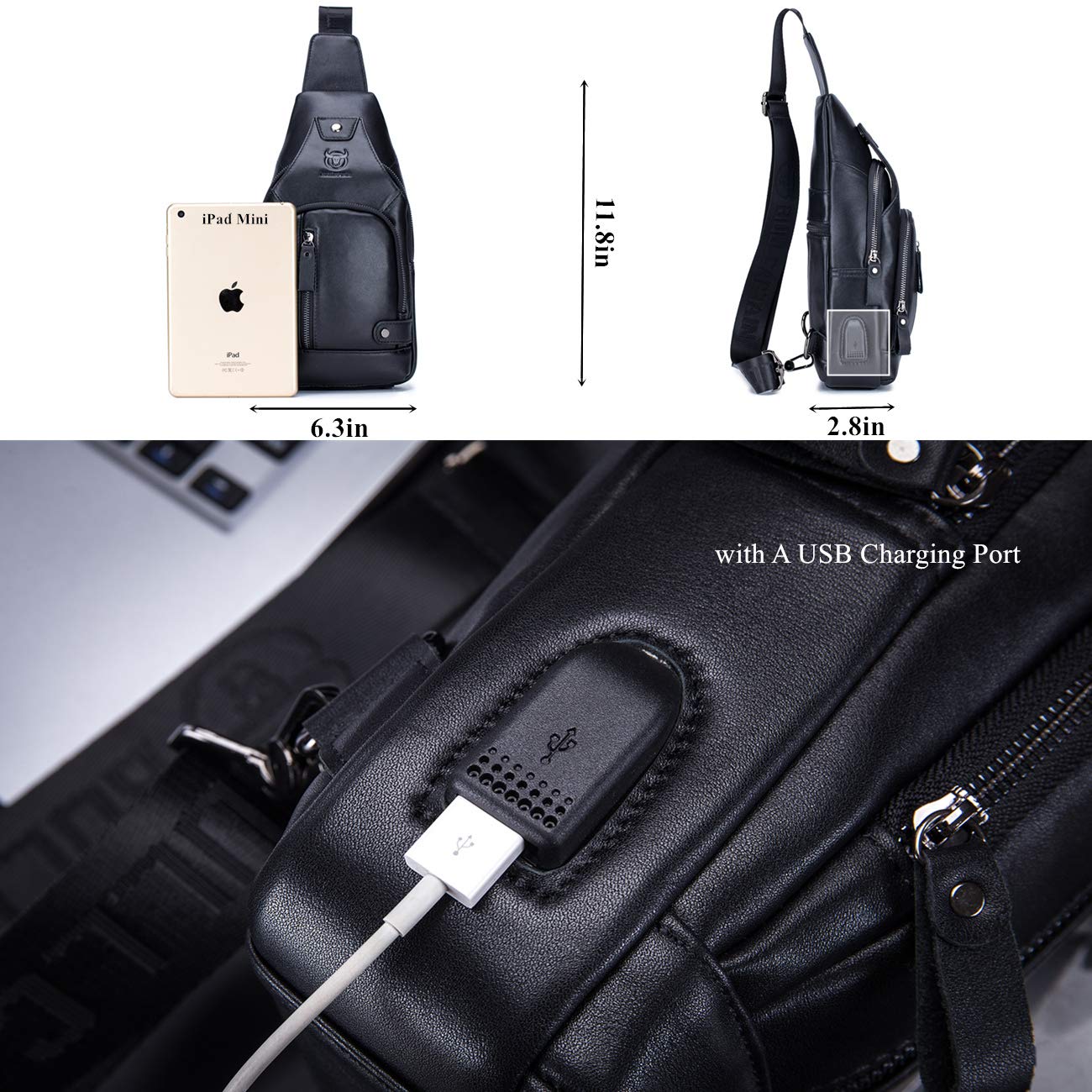 BULLCAPTAIN Genuine Leather Sling Bag for Men XB-129 | USB Charging Port, Multi-pocket, Chest Bag, Hiking Travel Daypack