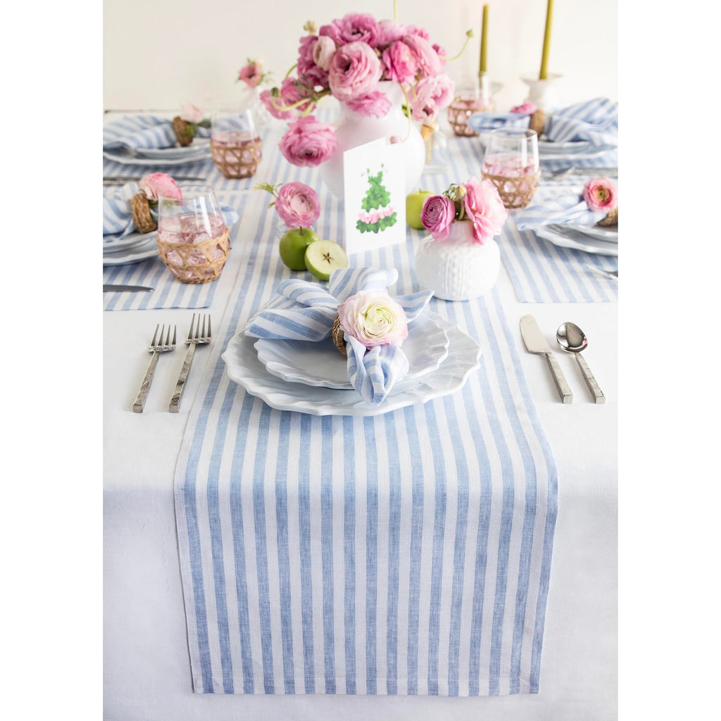 Solino Home Linen Table Runner 36 Inches - Amalfi Stripe 100% Pure Linen Natural and White Table Runner 14 x 36 Inch Ideal for Dresser and Coffee Tables - Summer
