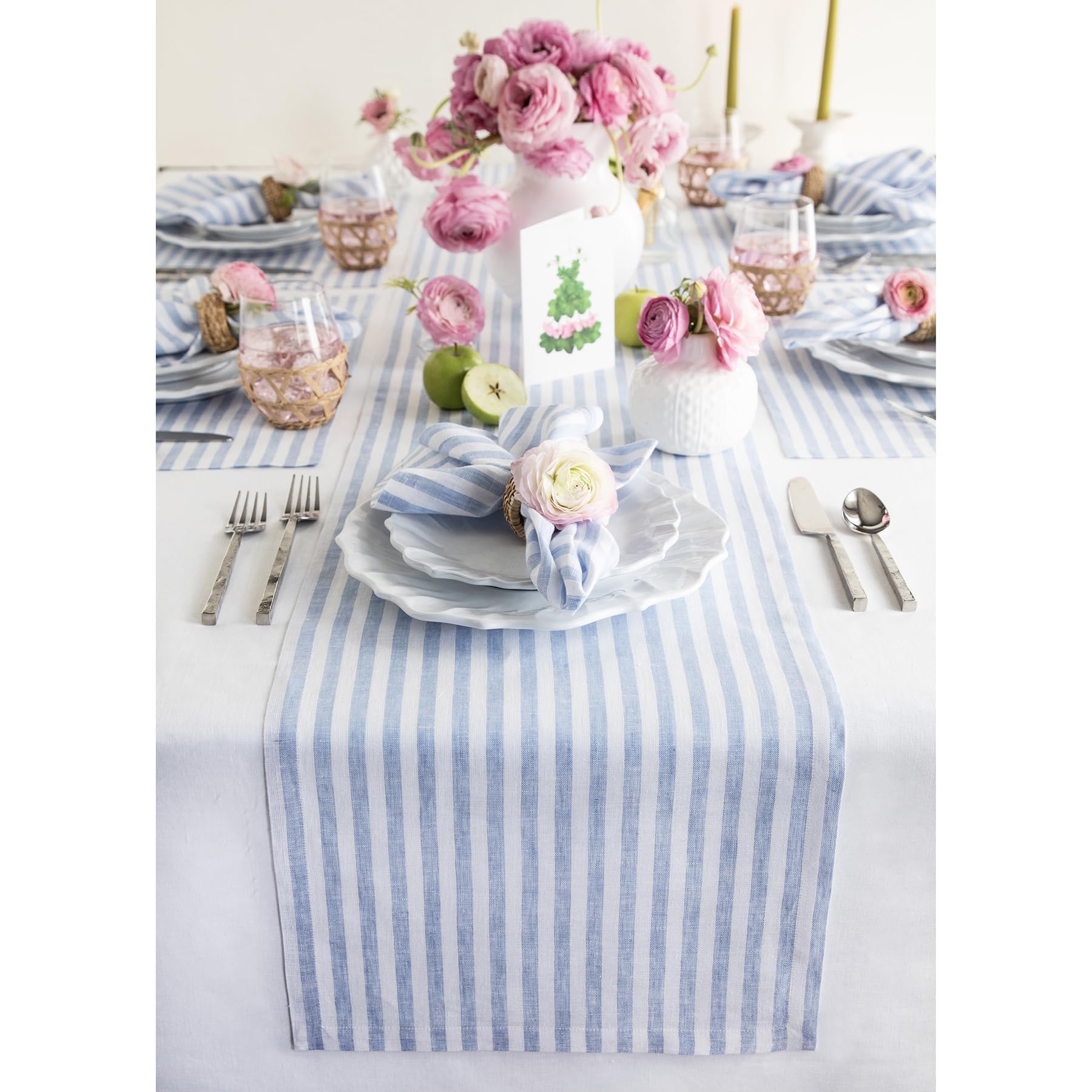 Solino Home Linen Table Runner 36 Inches - Amalfi Stripe 100% Pure Linen Natural and White Table Runner 14 x 36 Inch Ideal for Dresser and Coffee Tables - Summer