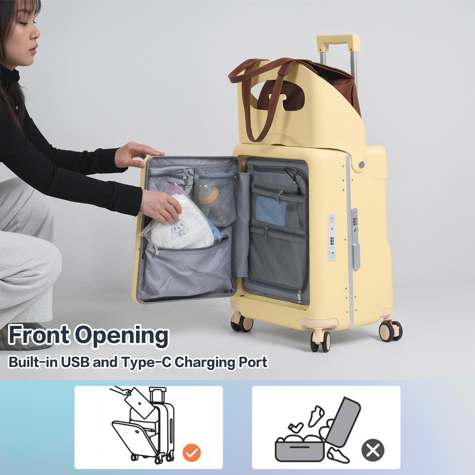 smilesun 20" Carry On Luggage with Seat For Kids & Adults，Hardside Ride On Suitcase Front Opening with 360°Spinner and TSA Lock For Travel (Black with Front Open, 20")