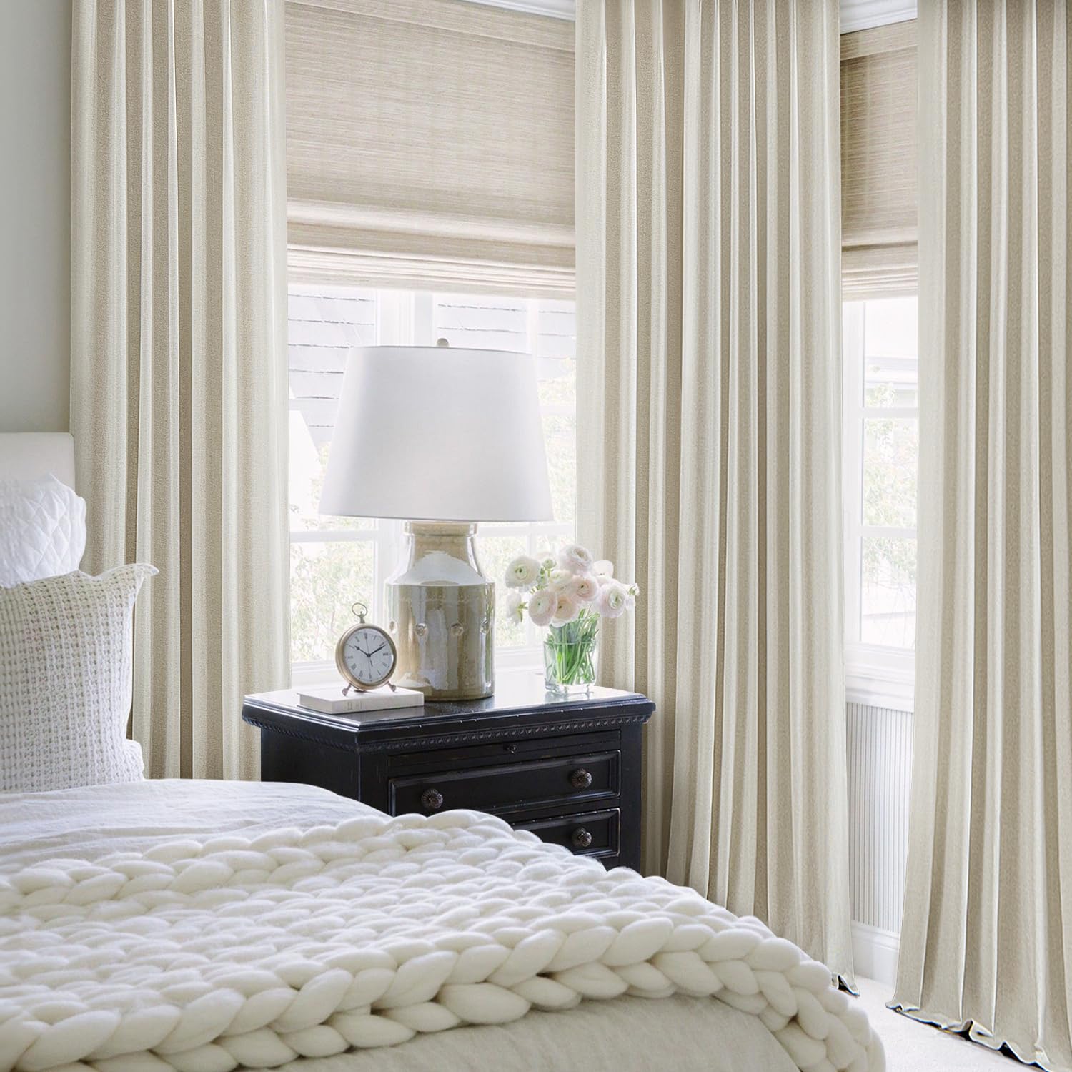 MIULEE Linen Pinch Pleated 100% Blackout Curtains for Bedroom 84 Inch Long 2 Panels Set- Back Tab Track Beige Thermal Insulated Cream Black Out Triple Pleat Room Darkening Drapes with Hooks, Greige