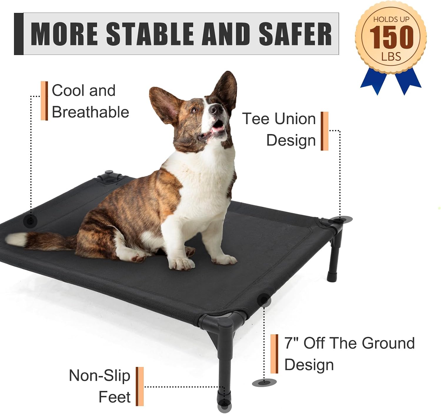 Garnpet Elevated Dog Bed for Large Dogs, Raised Dog Cot Fits Up to 120 LBs, Heavy Duty Pet Cots with Durable Supportive Teslin Recyclable Washable Mesh, Indoor & Outdoor Pet Bed, Black