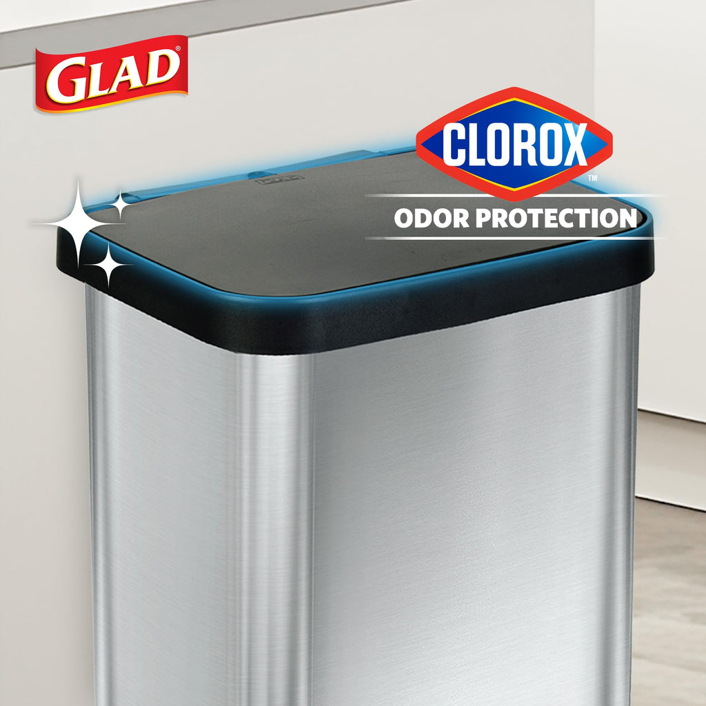 Glad 13 Gallon All Brushed Stainless Steel Trash Can with Clorox Odor Protection | Large Metal Kitchen Garbage Bin with Soft Close Lid, Garbage Bag Rings, Step On Foot Pedal and Waste Bag Roll Holder