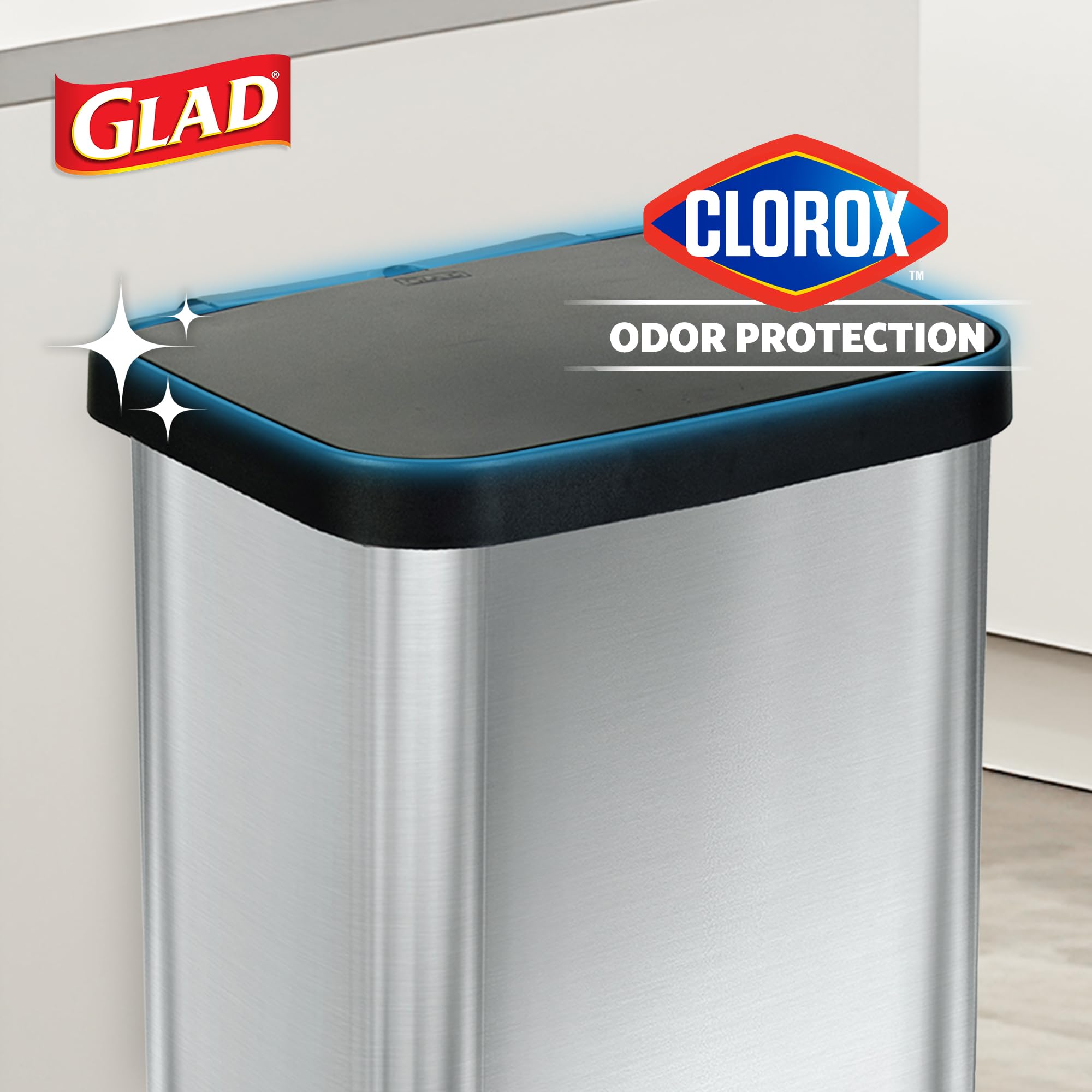Glad 13 Gallon All Brushed Stainless Steel Trash Can with Clorox Odor Protection | Large Metal Kitchen Garbage Bin with Soft Close Lid, Garbage Bag Rings, Step On Foot Pedal and Waste Bag Roll Holder
