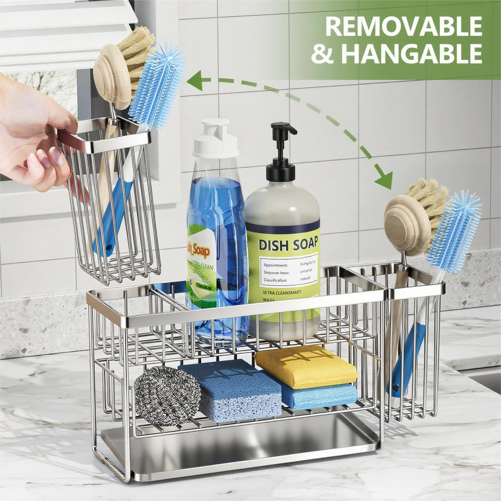 Cisily 2-Tier Kitchen Sink Caddy Organzier Rack with Dish Brush Sponge Holder | Kitchen Sink Countertop Organization Storage,Home Decor Accessories Essentials Stainless Steel