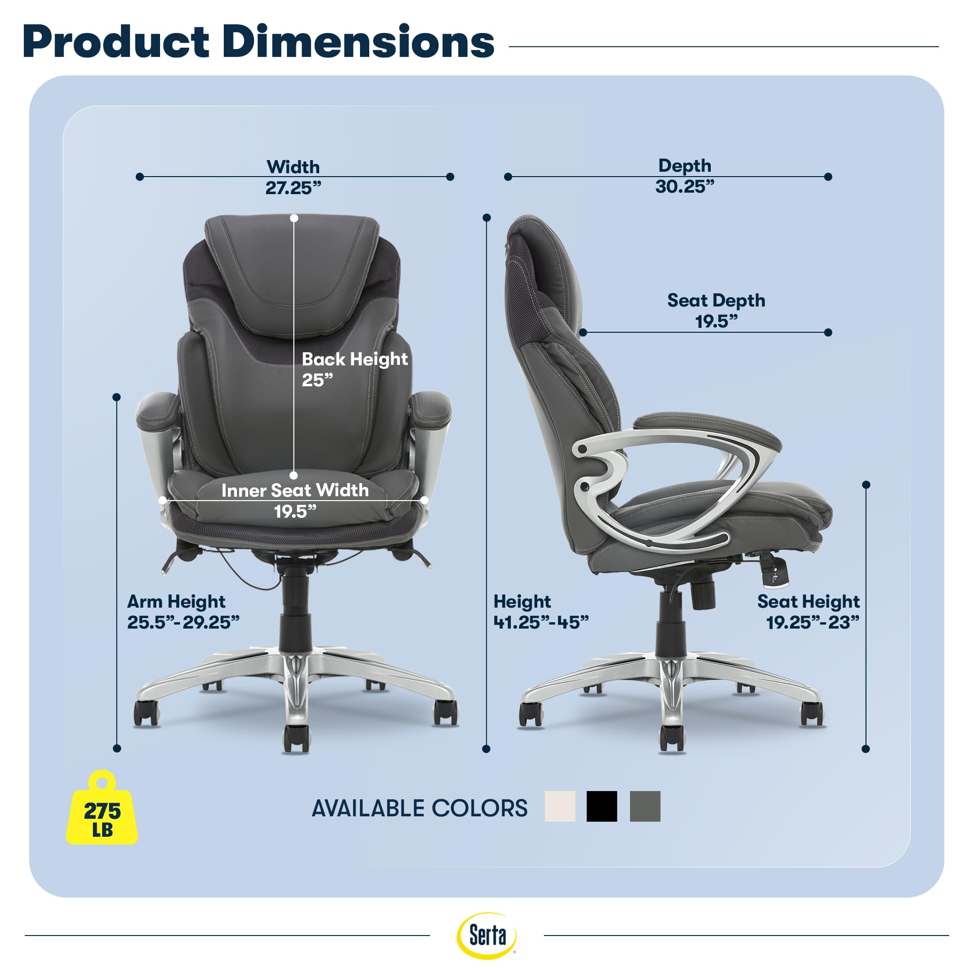 Serta Bryce Executive Office Chair - Ergonomic Computer DeskChair with Lumbar Technology - Adjustable Height - Memory Foam Body Pillows - 360° Swivel Rolling Base - Bonded Leather - Black