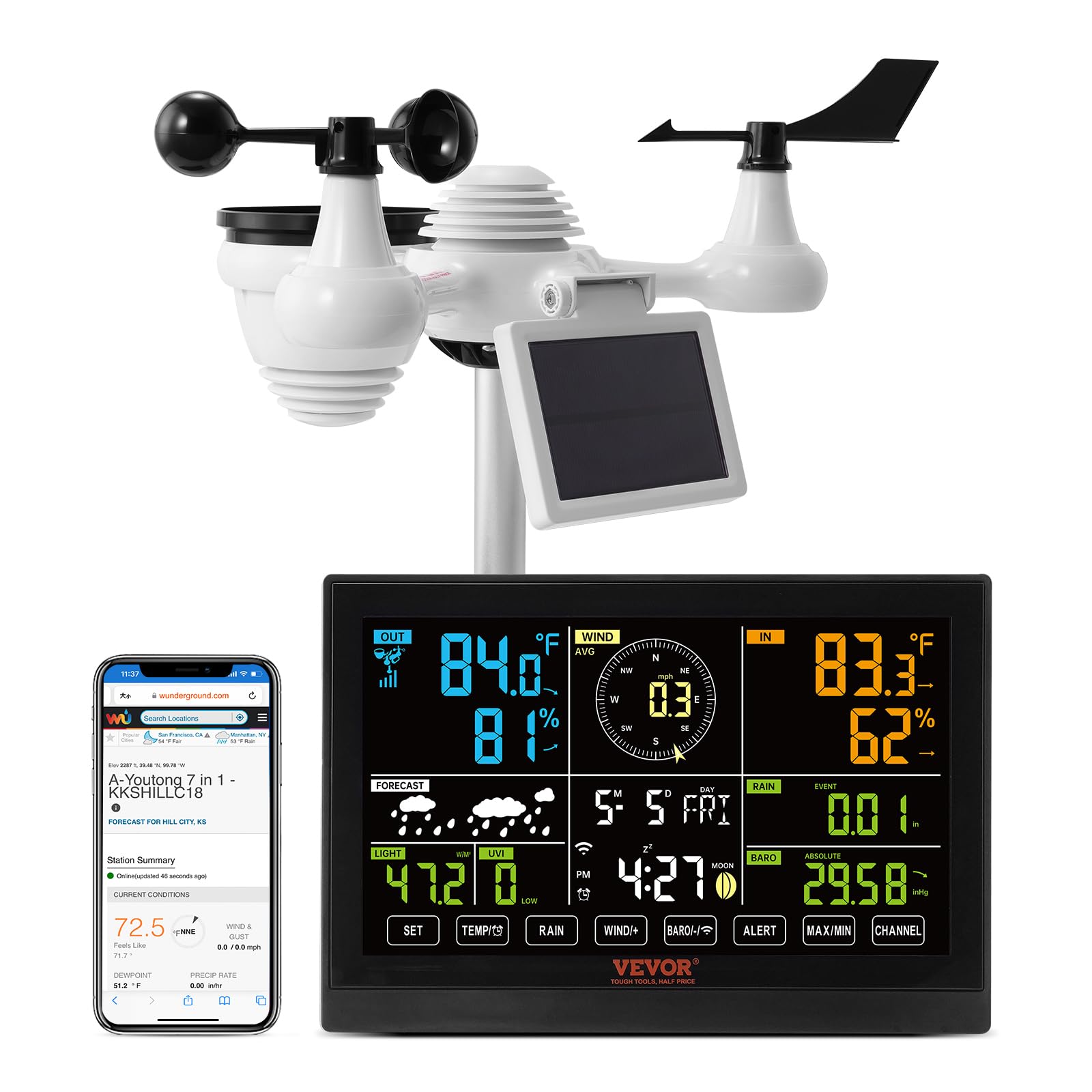 VEVOR 5-in-1 Wireless Weather Station, 7.5-Inch VA Display, Solar Powered Outdoor Sensor, Rain Gauge, Indoor Outdoor for Weather Forecast, Temperature, Humidity, Wind Speed and Direction (No WiFi)