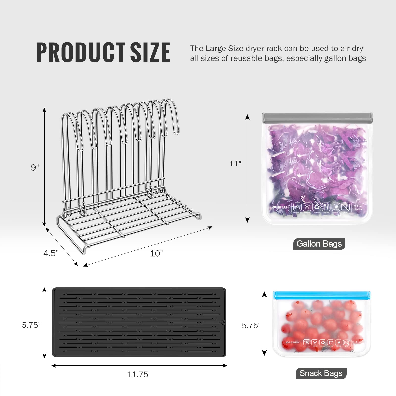 IDEATECH Reusable Bag Rack with Cup Drying Mat,Plastic Bag Dryer Rack Dish Drying,Collapsible Kitchen Counter Storage Organizer Sponge Holder,Dryer Rack for Silicone Storage Bag,Kitchen Must Have