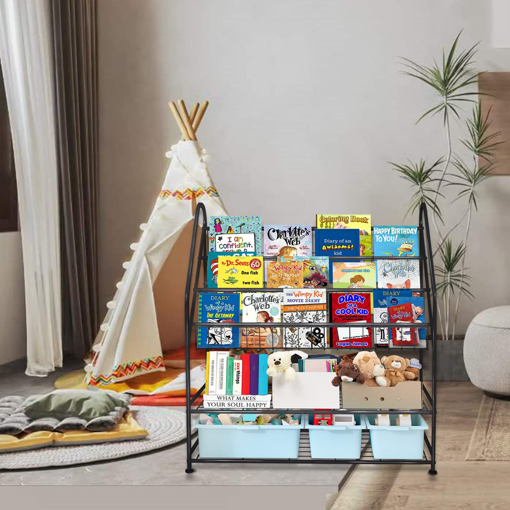 aboxoo Metal Kids Bookshelf Black Large Freestanding for Children Room 32 in Toy Organizer Large Stable Bookcase Bookstore Library Book Unit Storage Kids Bed Living Room