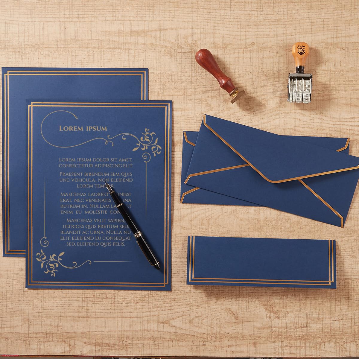 50 Pack Stationery Set with Envelopes, Cream Color, 8.5x11 Inches | Gold Border, #10 Business Envelopes and 8.5x11 Paper Sheets, Stickers for Letter Writing, Invitations