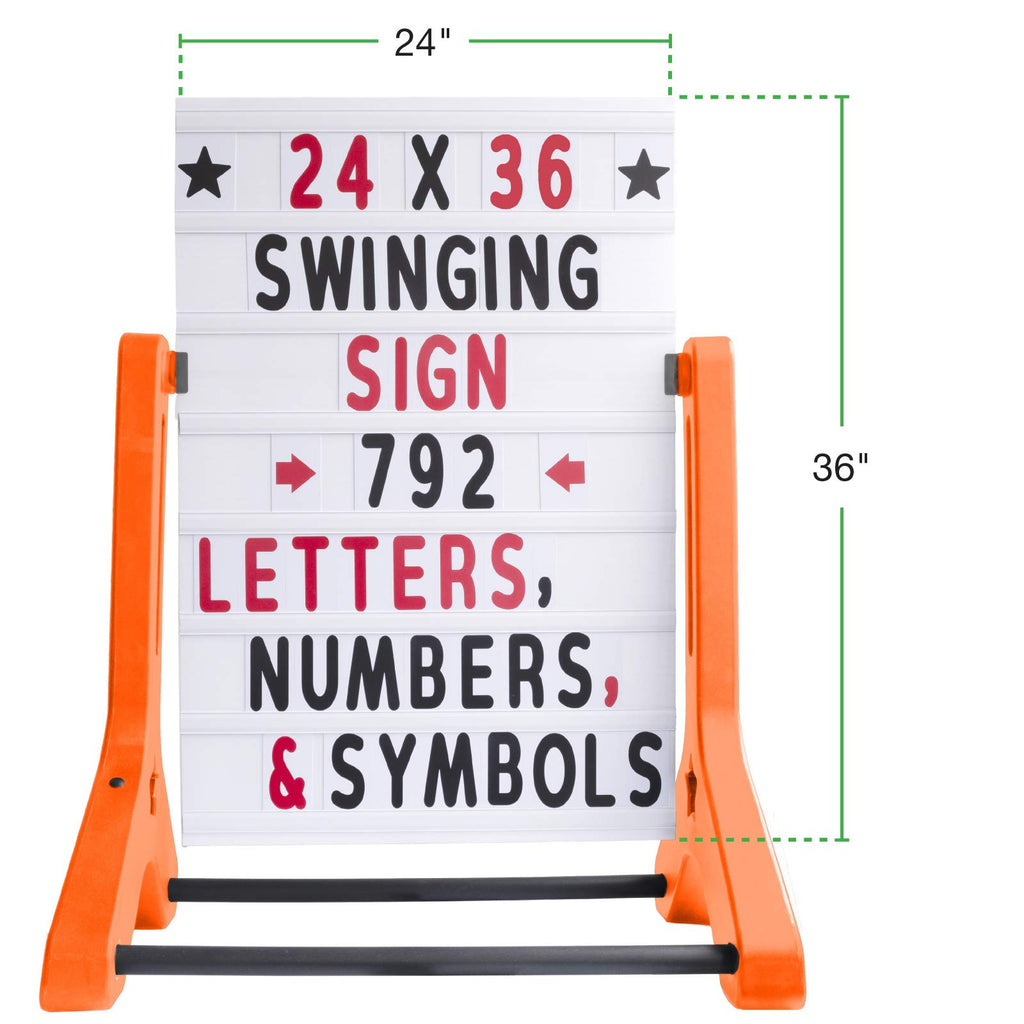 Swinging Changeable Message Sidewalk Sign: 24" x 36" Sign with 792 Pre-Cut Double Sided Letters and Storage Box. Includes Black Board & Letter Board (Black Color Legs)