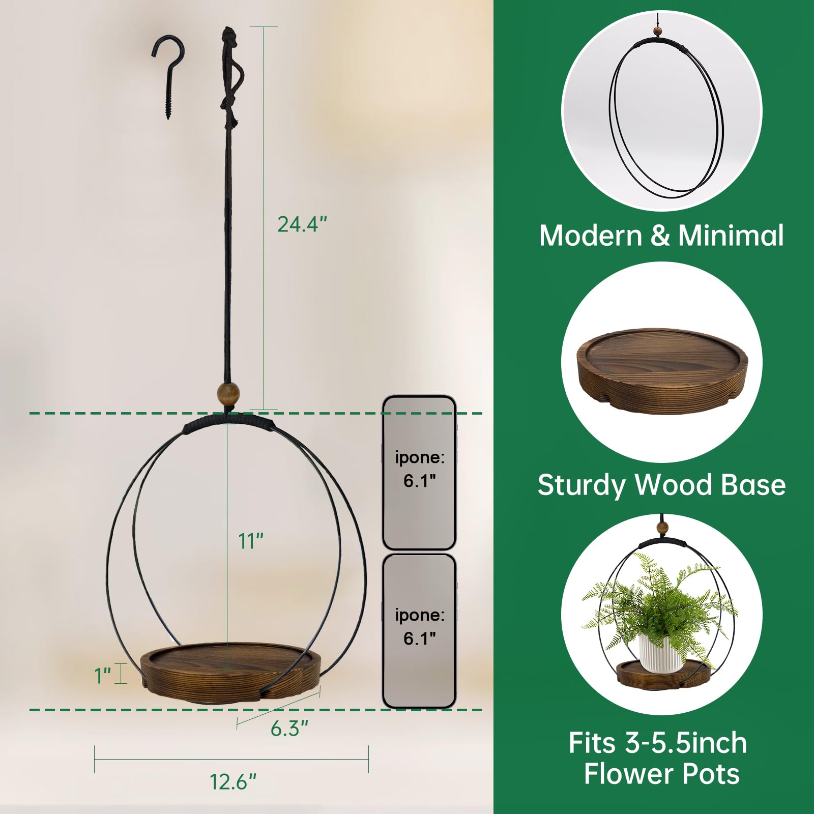 Hanging Planter for Indoor Plants, Black Plant Hanger Indoor with Sturdy Wood Base, Modern Boho Macrame Plant Hanger for 3-5.5 Inch Pot, Hanging Wall Ceiling Window Home Decor (Pots Not Included)