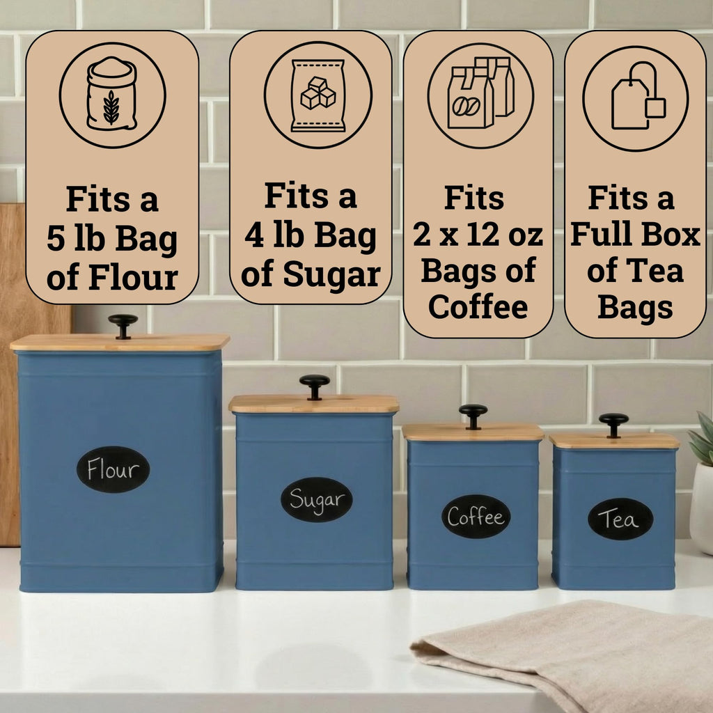 Kitchen Canisters for Countertop Set of 4 w/ Chalkboard Labels & Marker Pen | Airtight Easy Open Bamboo Lids, Dent-Resistant Thick Metal, Customizable Chalkboard Labels, Marker Pen Included, Set of 4