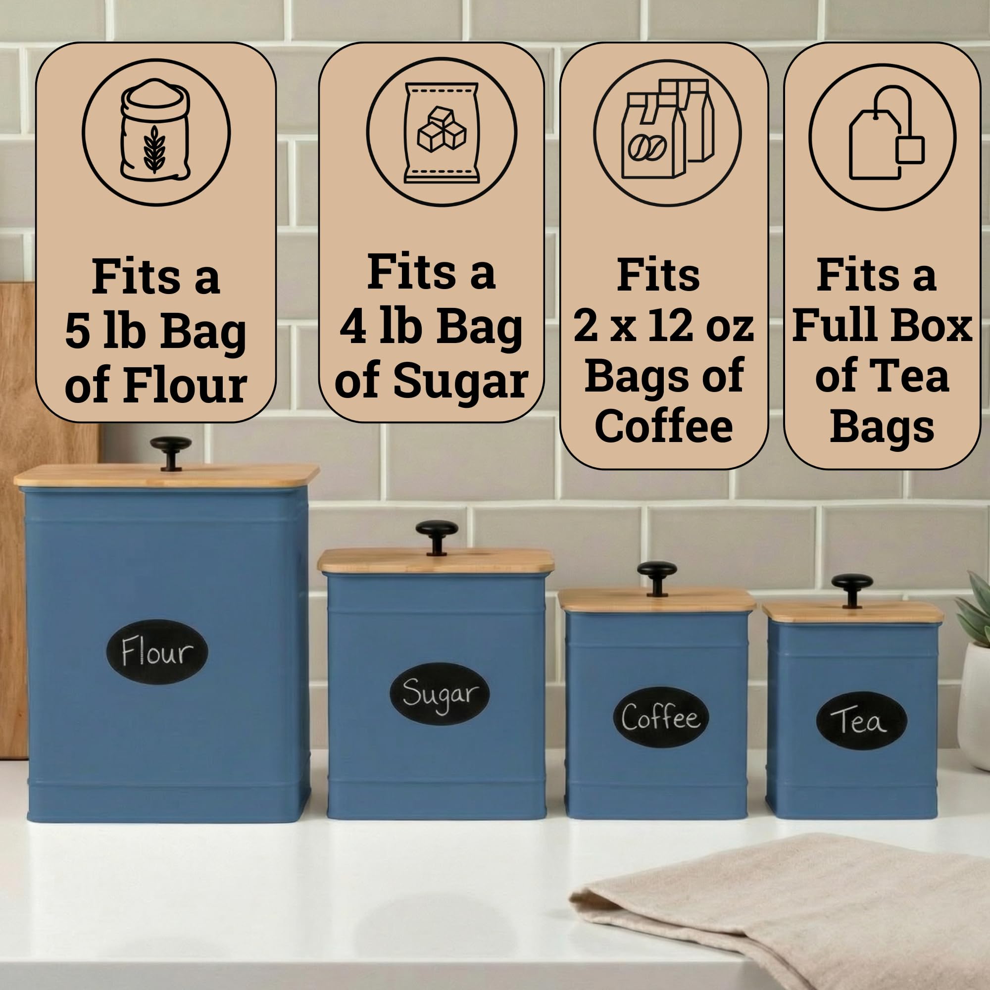 Kitchen Canisters for Countertop Set of 4 w/ Chalkboard Labels & Marker Pen | Airtight Easy Open Bamboo Lids, Dent-Resistant Thick Metal, Customizable Chalkboard Labels, Marker Pen Included, Set of 4