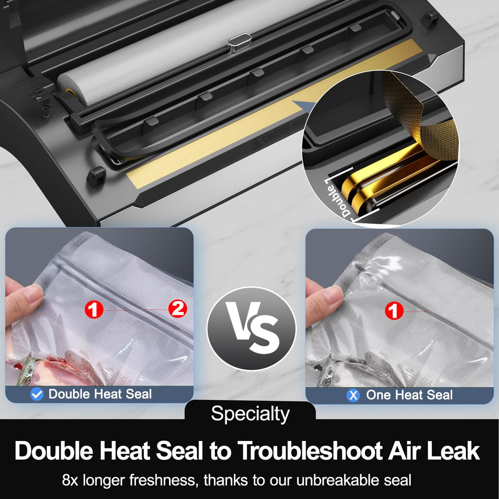 Powerful Suction Vacuum Sealer Machine,Commercial Fully Automatic Food Vacuum Sealer with Double Heat Seal,Dry & Moist Modes,Built-in Cutter,Bags Storage,Easy-Lock Handle,Include 2 Bag Rolls (Black)