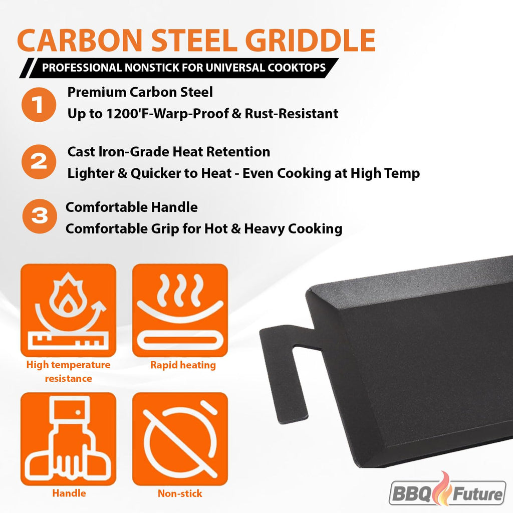 Carbon Steel Griddle for Gas Grill, Double Burner Griddle Compatible with Induction, Stove Top, Electric, Oven - 17" x 10" Professional Cookware for Cooktop, NonStick Griddle Pan