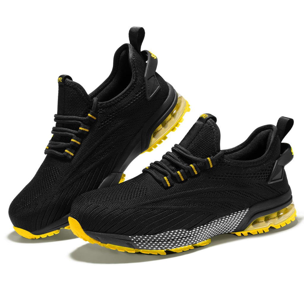 SPIEZ Composite Toe Shoes for Men Women, Lightweight Breathable Non Steel Toe Safety Shoes, Puncture Proof Slip Resistant Work Sneakers for Construction,Warehouse,Black Blue/Black Yellow