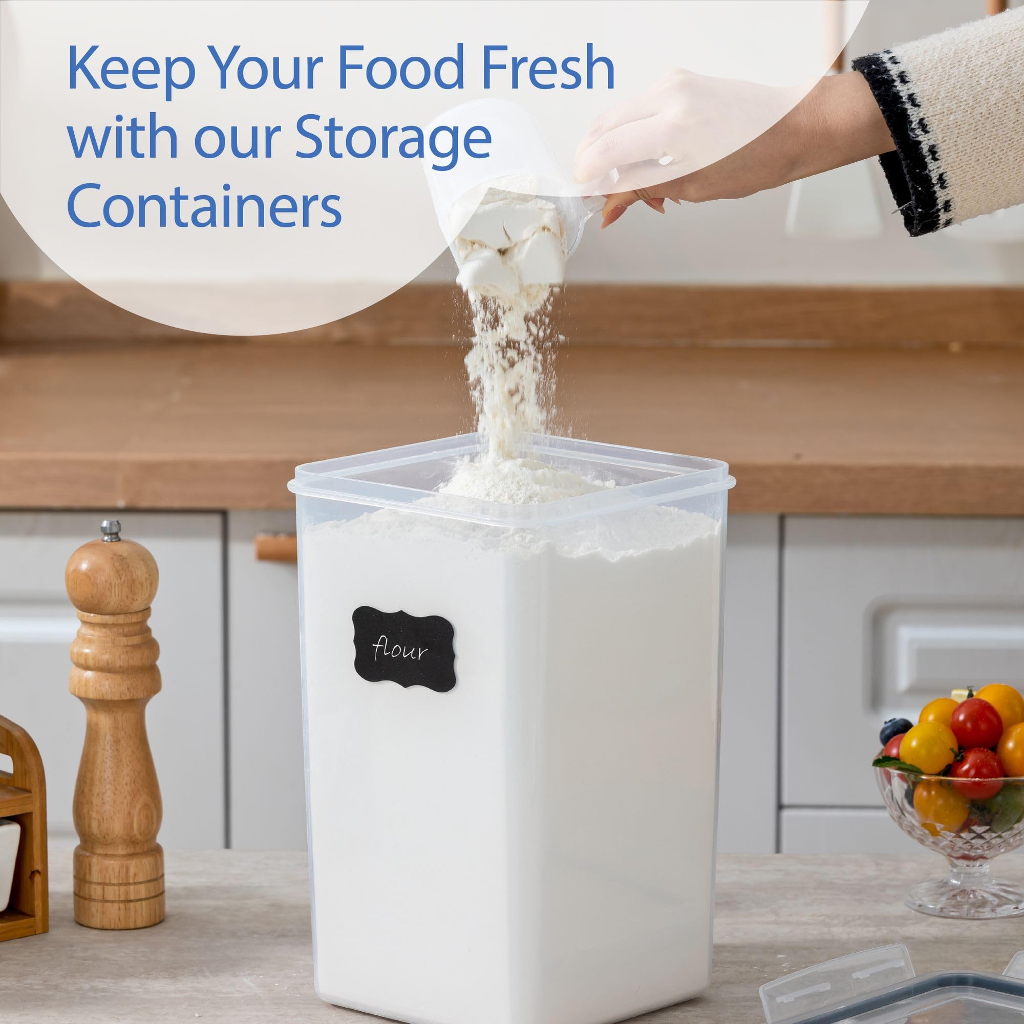 Chef's Path Kitchen Storage Box Set of 4 Extra Large Airtight Food Storage Jars for Sugar Flour Cereal Rice - Measuring Spoons, Pen and Food Preservation Labels (5.2 L)