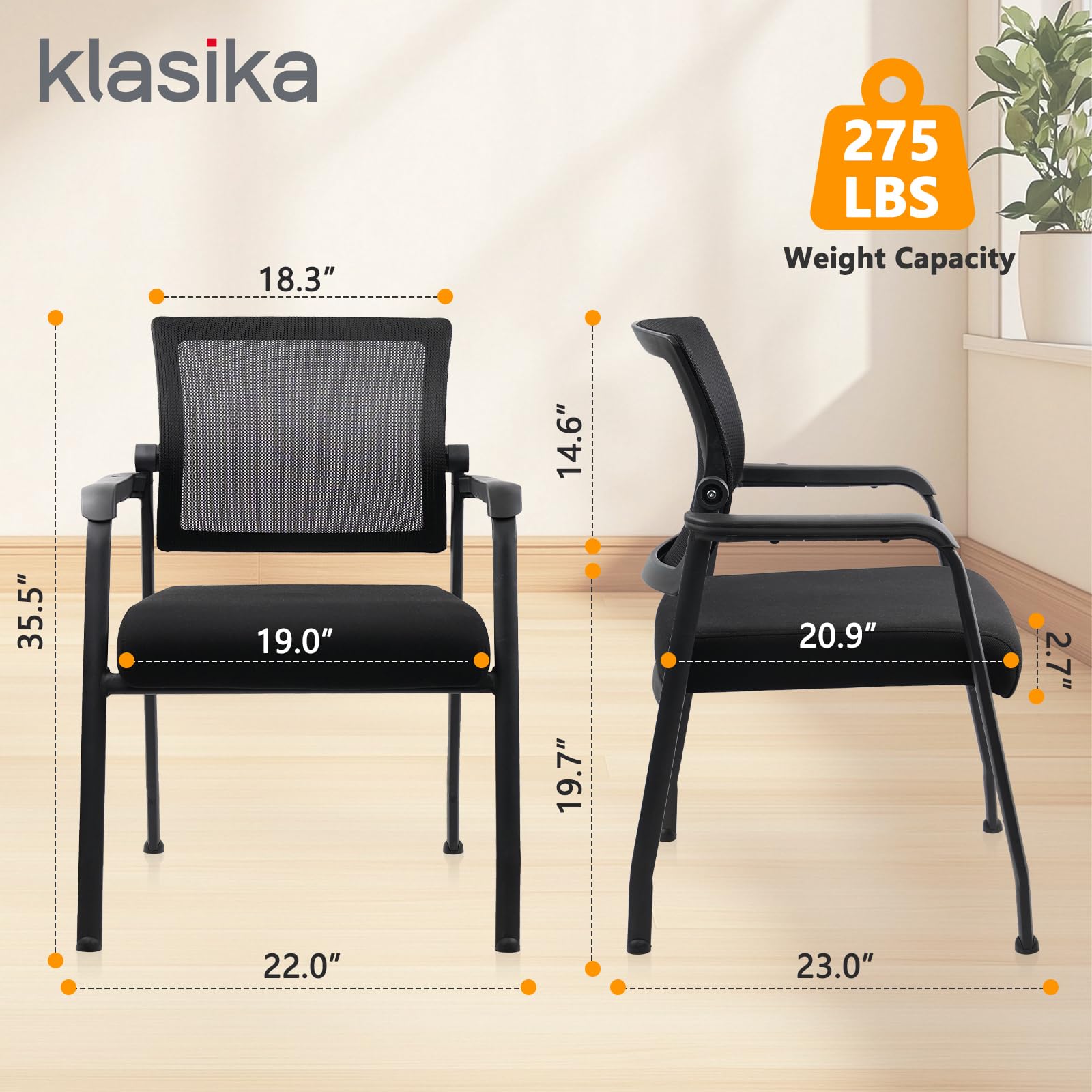 KLASIKA Desk Chair No Wheels with Adjustable Mesh Backrest, Arm Chair with Ergonomic Lumbar Support and Thickened Seats Cushion, Waiting Room Chairs for Office School Church Guest Reception