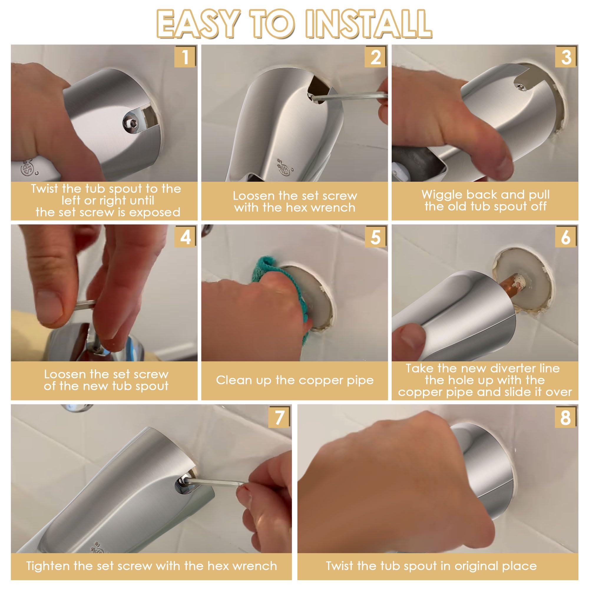Enhon Slip on Tub Spout with Diverter, Compatible with American Standard 8888026.002 Tub Spout, Bathroom Bathtub Faucet, Fits 1/2 Copper Water Tube(5/8 Dia), 5/32 Hex Wrench(Brushed Nickel,1)