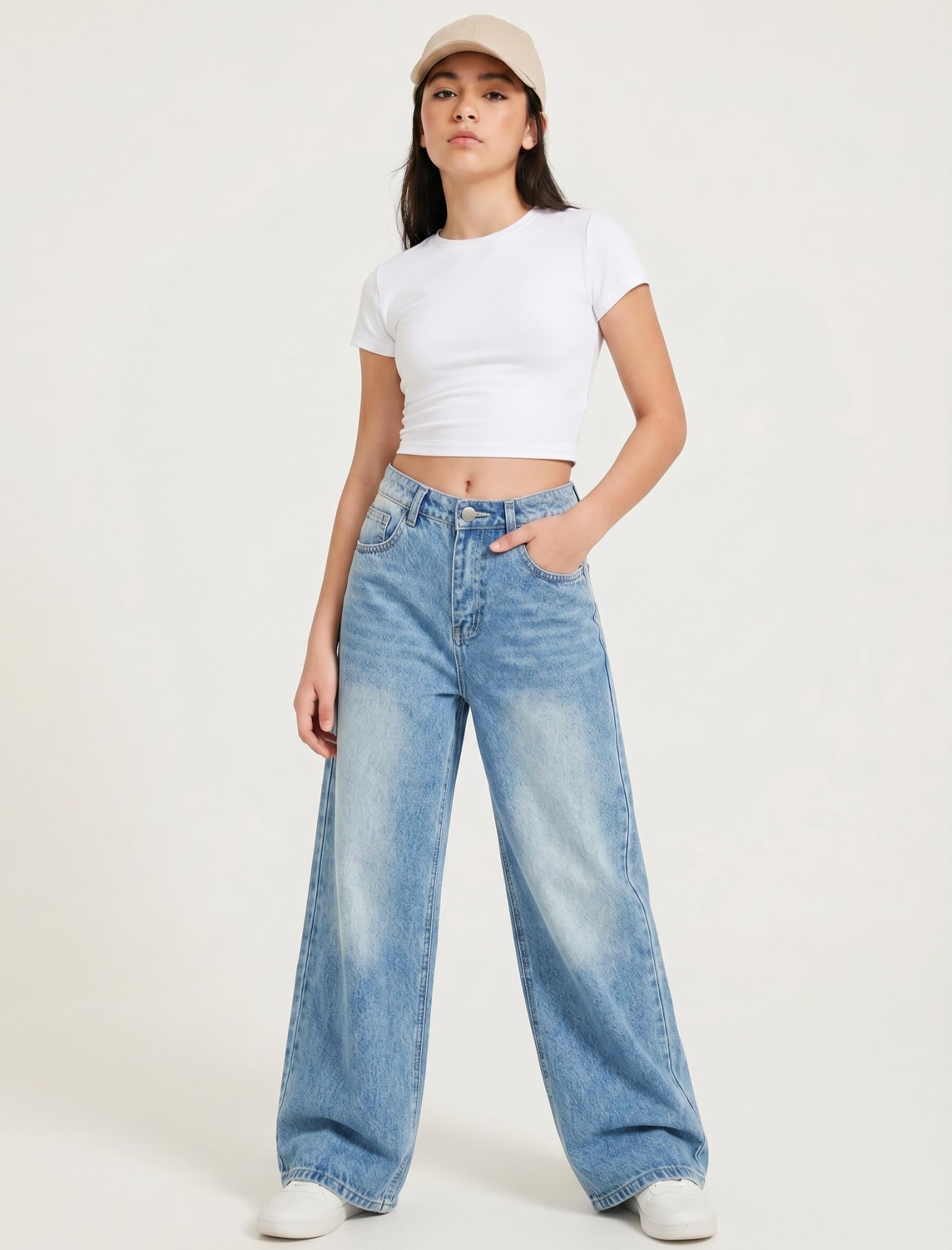 EXARUS Girls Jeans Baggy Wide Leg Cute Teen Tween Long Denim Pants Clothes Tall Junior Elastic Band Pockets