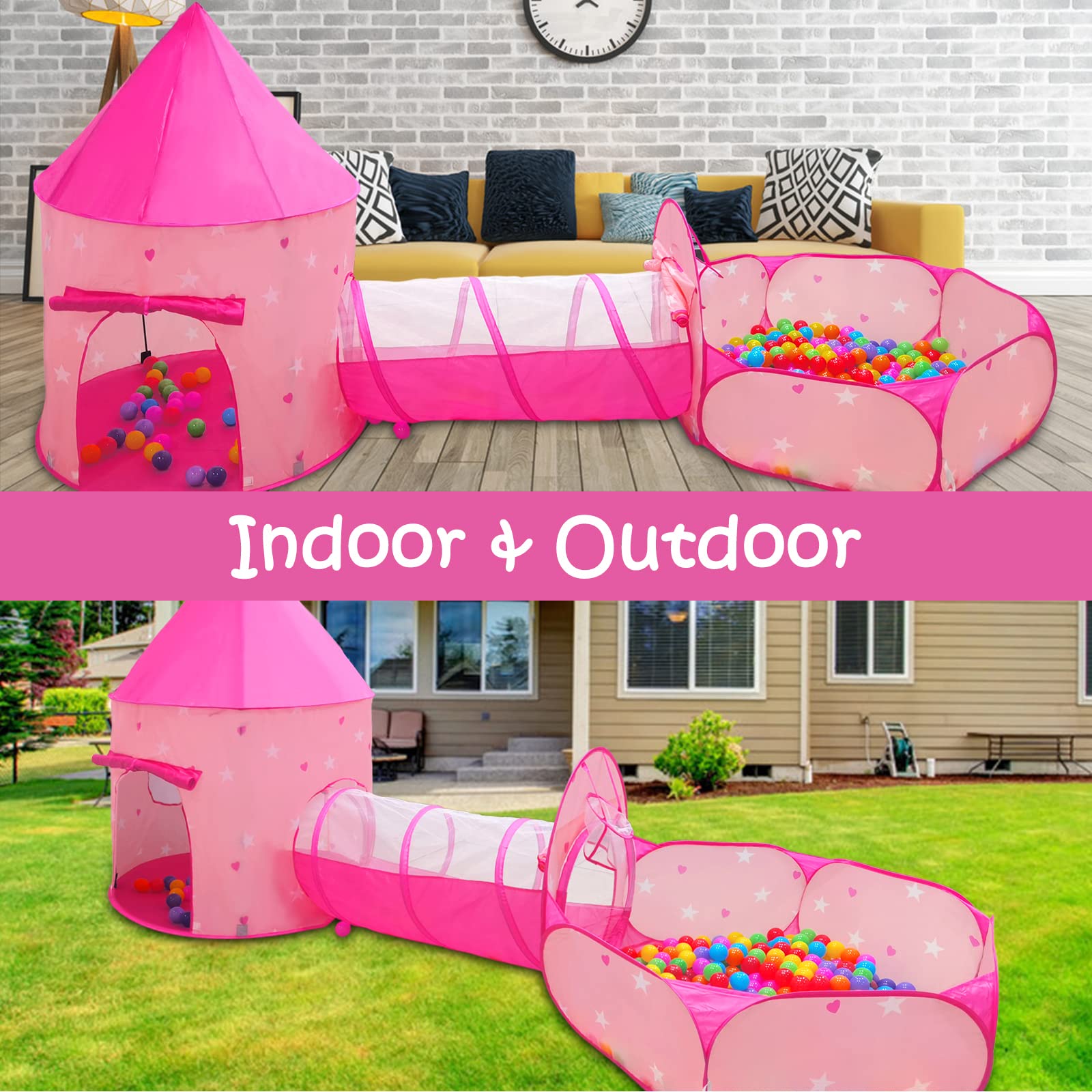 GeerWest 3PC Dinosaur Tent for Girls with Kids Ball Pit, Kids Play Tents and Crawl Tunnel for Toddlers, Pink Pop Up Playhouse Toys for Baby Indoor& Outdoor Tent Games, Birthday Kid’s Gifts