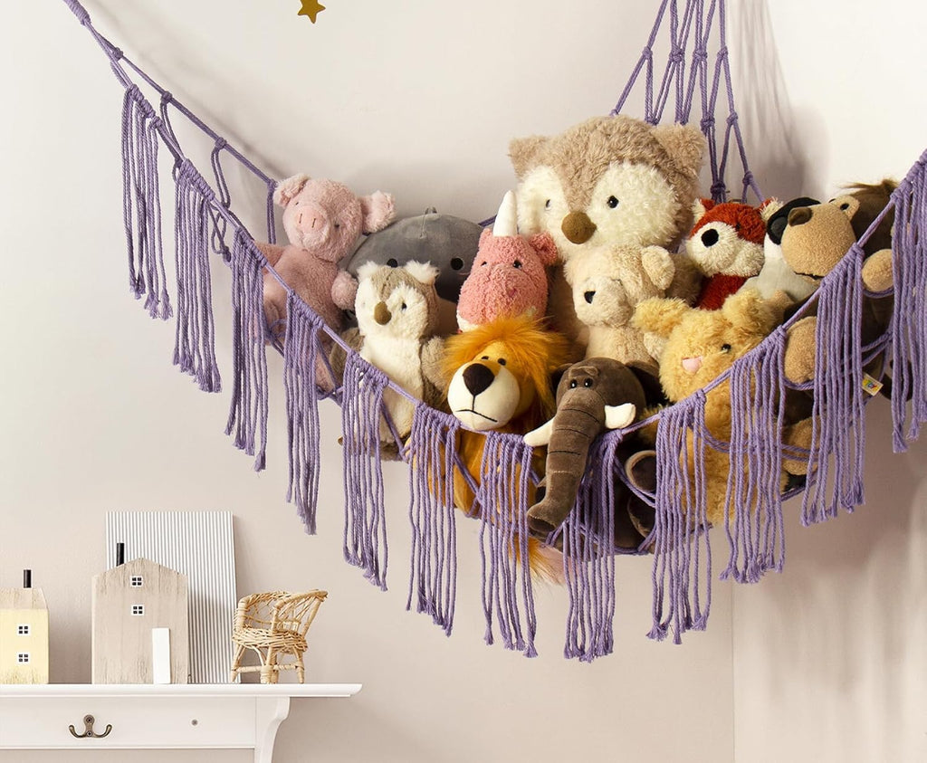 Stuffed Animal Hammock Corner with LED Light - Toy Storage Hammock Plushie Net Large - Cute Stuff Animals Holder Hanging Organizer - Baby Room Decor Kids Toddler Nursery Bedroom Boho