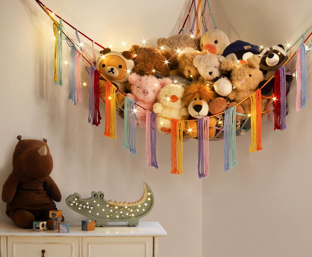 Stuffed Animal Hammock Corner with LED Light - Toy Storage Hammock Plushie Net Large - Cute Stuff Animals Holder Hanging Organizer - Baby Room Decor Kids Toddler Nursery Bedroom Boho