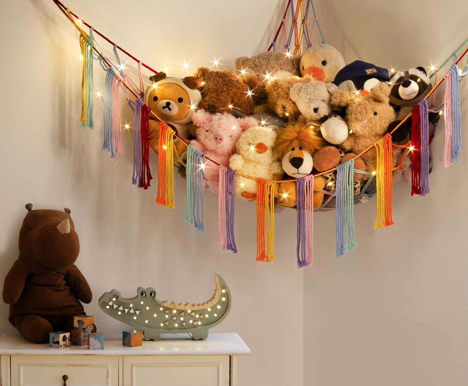Stuffed Animal Hammock Corner with LED Light - Toy Storage Hammock Plushie Net Large - Cute Stuff Animals Holder Hanging Organizer - Baby Room Decor Kids Toddler Nursery Bedroom Boho