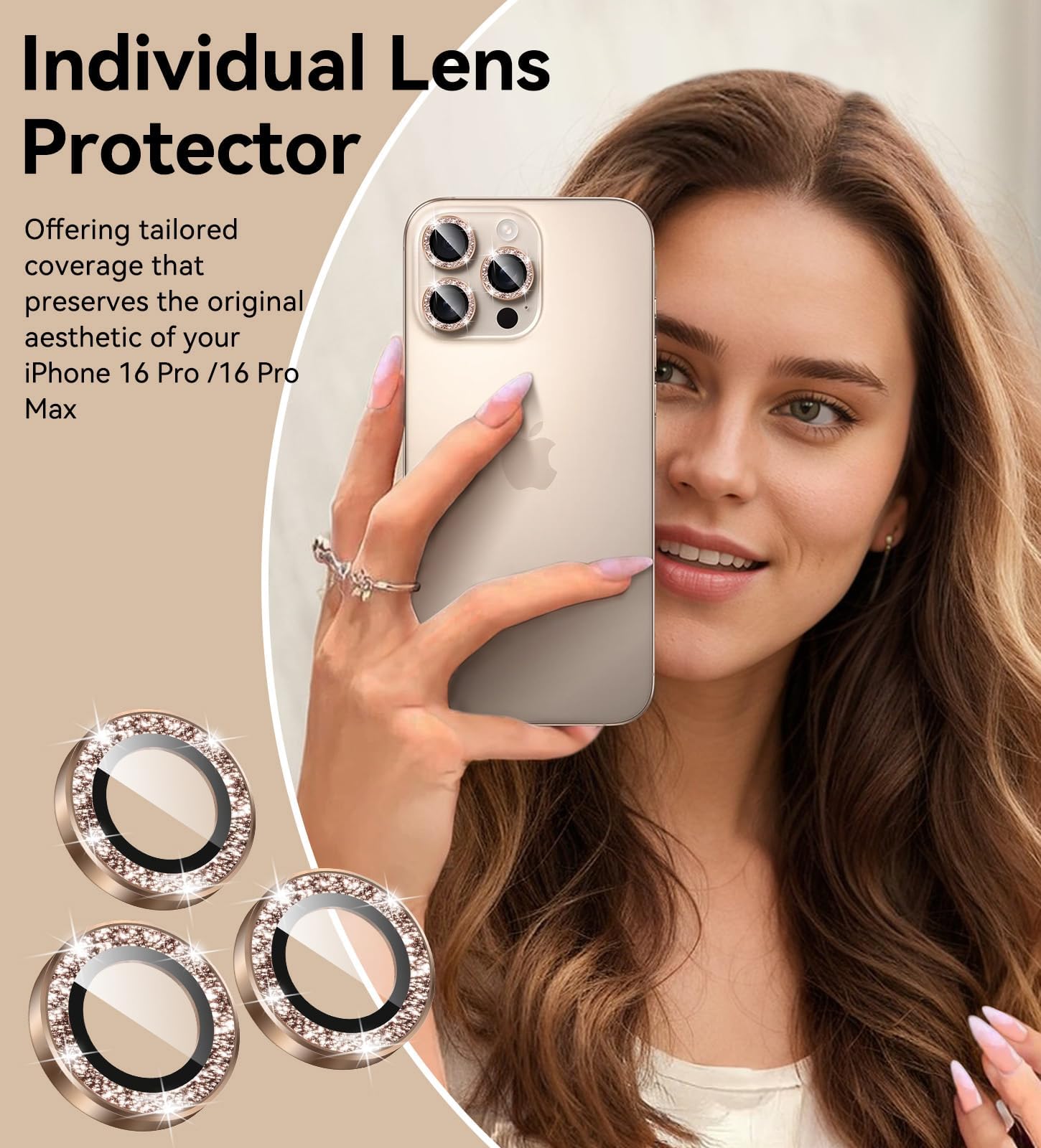 Matekxy Glitter Camera-Lens Protector for iPhone-16 Pro-Max - 16 Pro Anti-Scratch Tempered Glass with Aluminum Edging, Cute Girly Metal Individual Bling Ring Cover for Women, Black Titanium