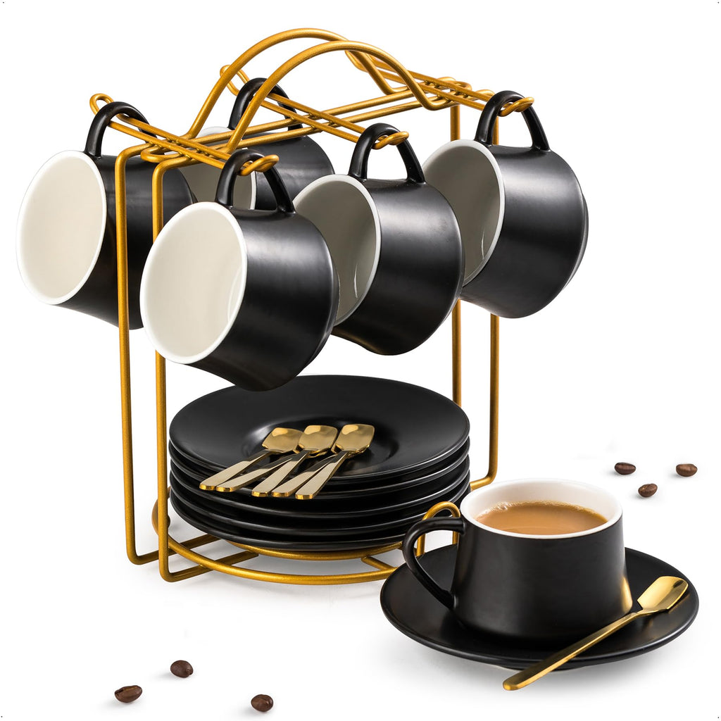 YHOSSEUN Ceramic Espresso Cups Set of 6, 4 OZ Expresso Shots Cup with Stand, Saucers & Spoons, Small Coffee Cup Demitasse Cups for Father's Day, Espresso Accessories for Machine, Black
